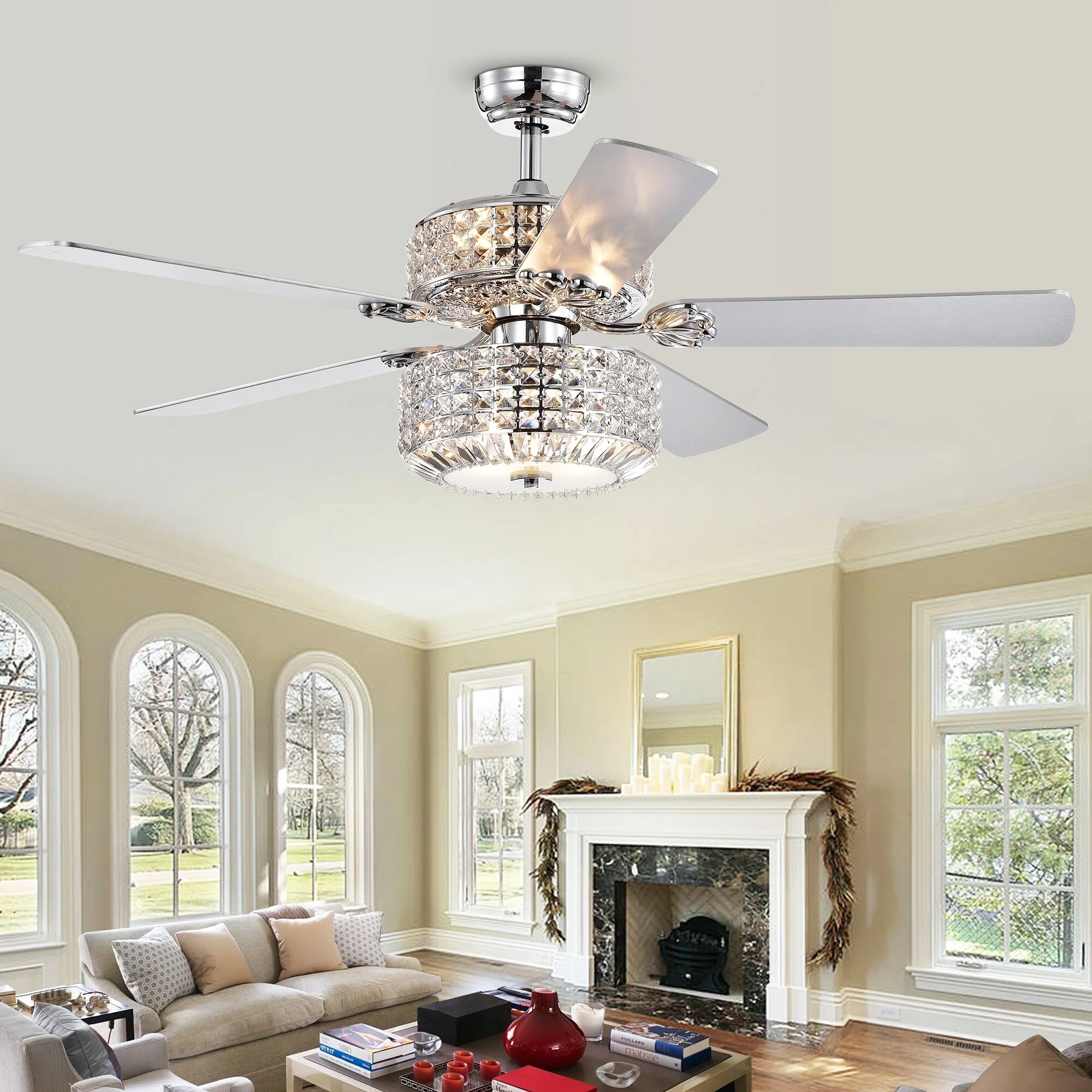 Walter Dual Lamp Chrome 52-inch Lighted Ceiling Fan w Crystal Shades (includes Remote and Light Kit)