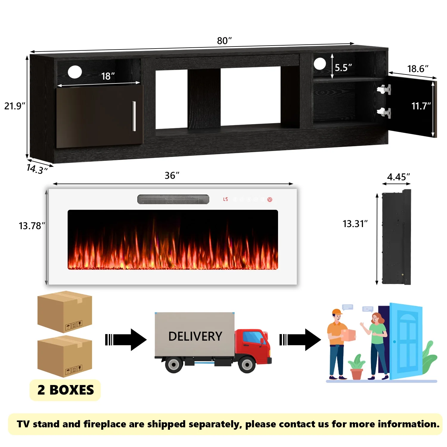 Waleaf Fireplace TV Stand with 36" Electric Fireplace Up to 80" TVs, Modern Wood Media TV Console with Highlight Cabinet, White - Image 25