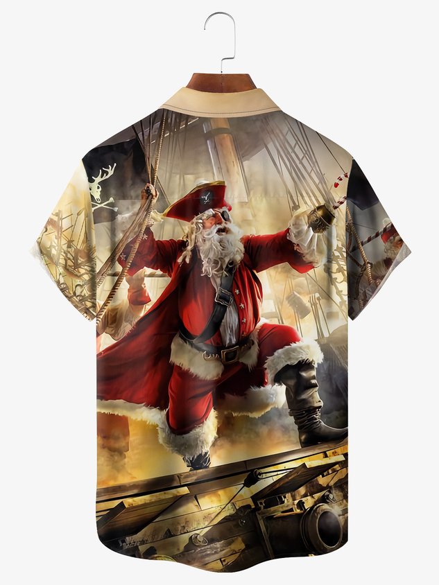 Christmas Pirate Santa Chest Pocket Short Sleeve Hawaiian Shirt
