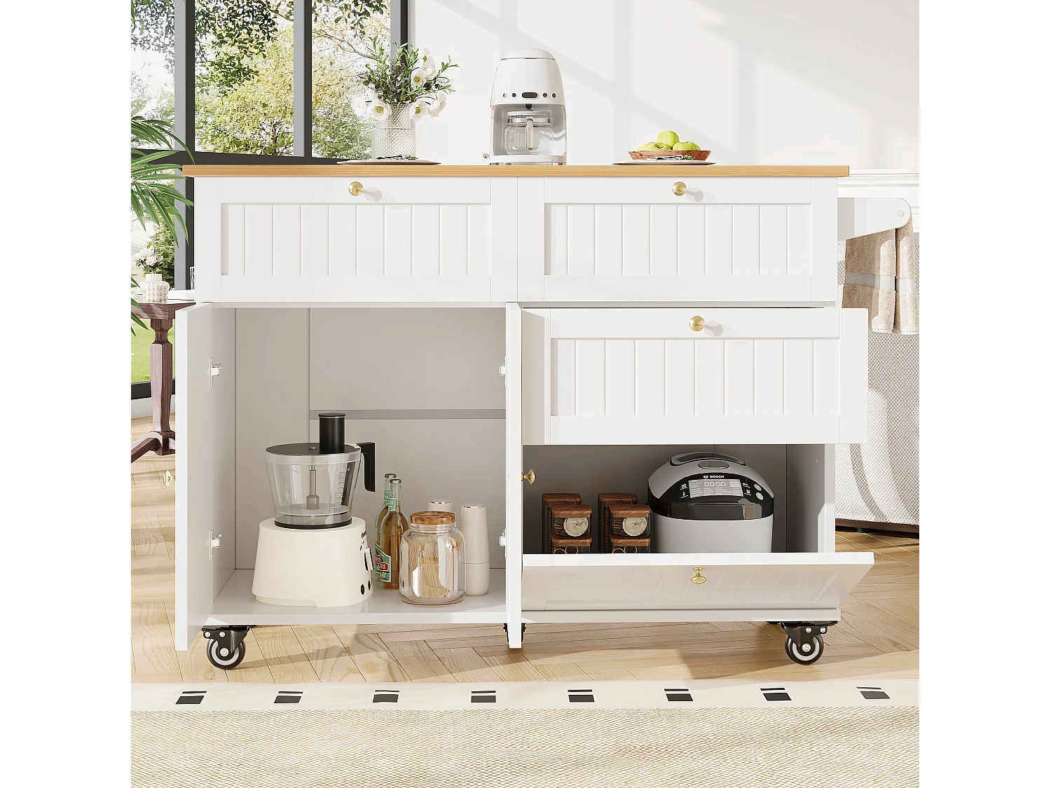 Desserte de cuisine blanc avec plateau rabattable en similibois et rangements - pour salon et cuisine