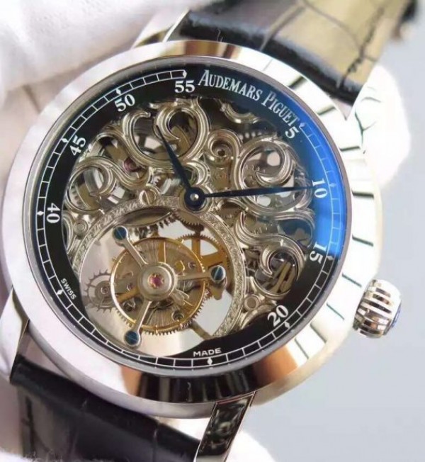 Replica Audemars Piguet Jules Audemars Skeleton Tourbillon SS Black Dial Leather Strap - Elite Watch Atelier