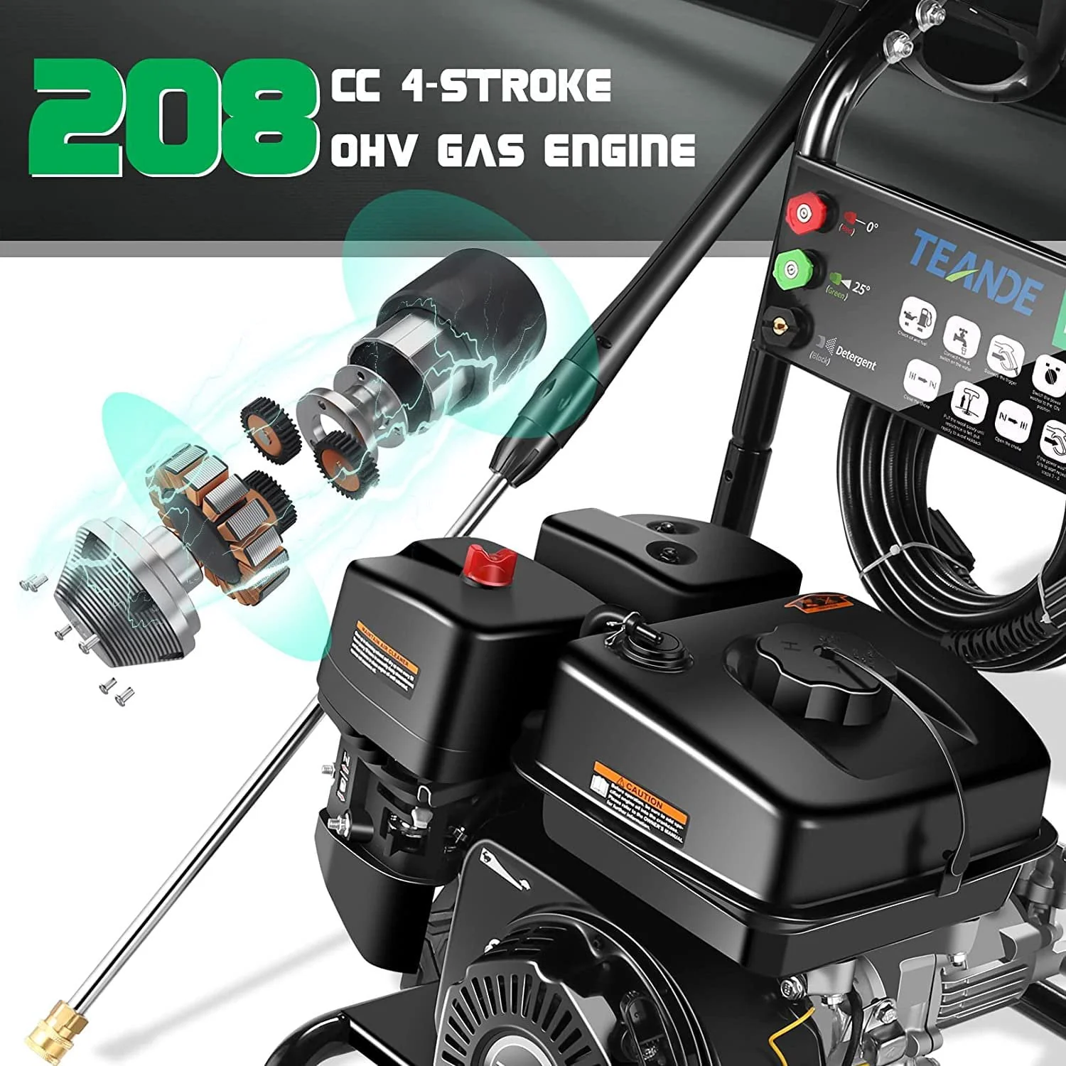 TEANDE Gas Pressure Washer Powered, 2.6 GPM 209cc 7.0 HP Power Washer with 3 Quick-Connect Nozzles, 25’ Hose for Cars, Driveway, Patio, Siding, Fence Cleaning