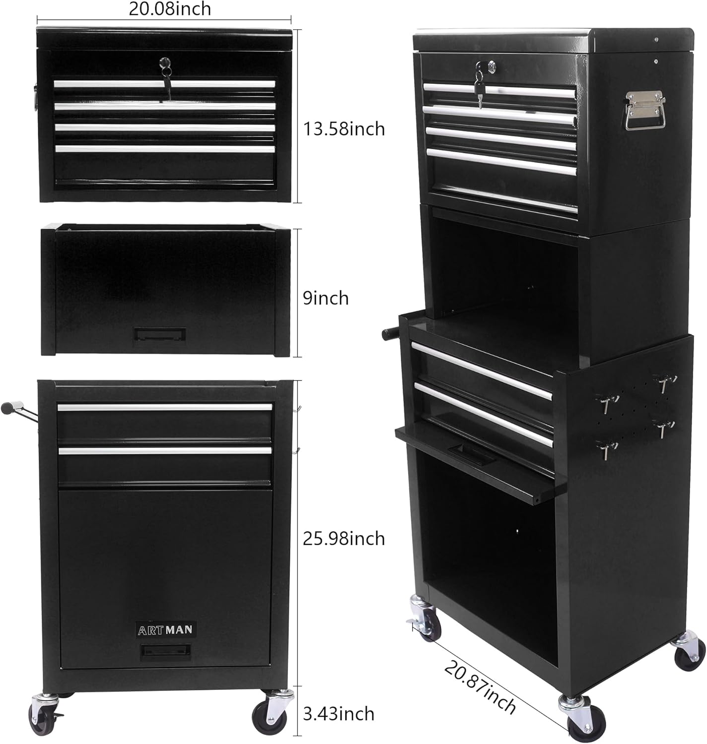 RYH 6 Drawers Rolling Tool Chest & Tool Box on Wheels | Heavy Duty Metal Cart with Ball Bearing Drawers | Fits US General Tool Box for Garage Storage (Black, 6 Drawers 3 in 1/51.99