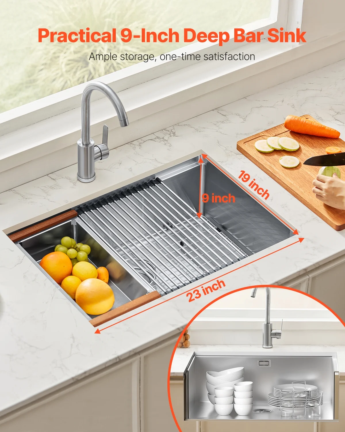 KFFKFF 23-inch Undermount Kitchen Sink,  304 Stainless Steel Single Bowl Drop-In Farmhouse Basin with Ledge & Various Add-ons, Domestic Dishwasher Sinks Suitable for Workstation, RV