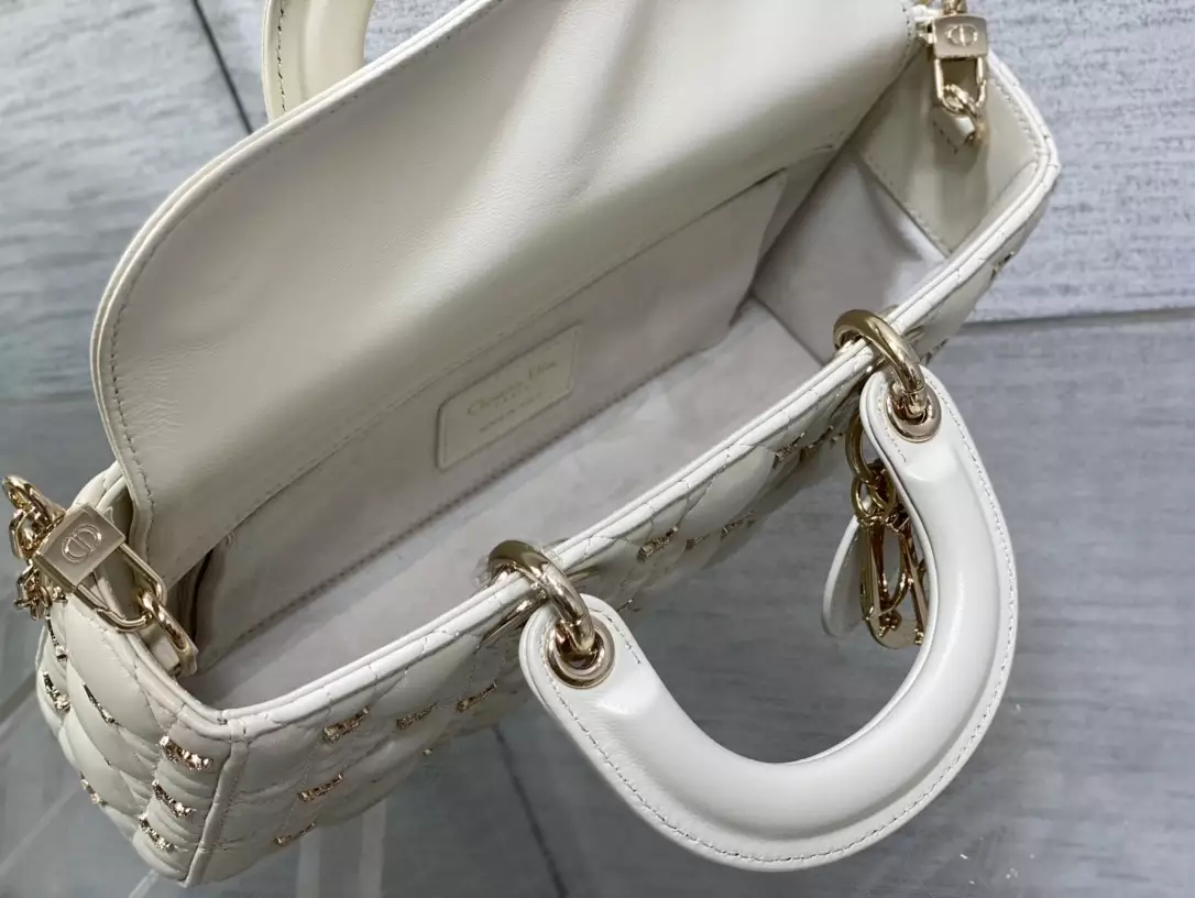 Medium Lady D-Joy Bag White Cannage Lambskin with Gold-Finish Butterfly Studs1:1High-quality replica