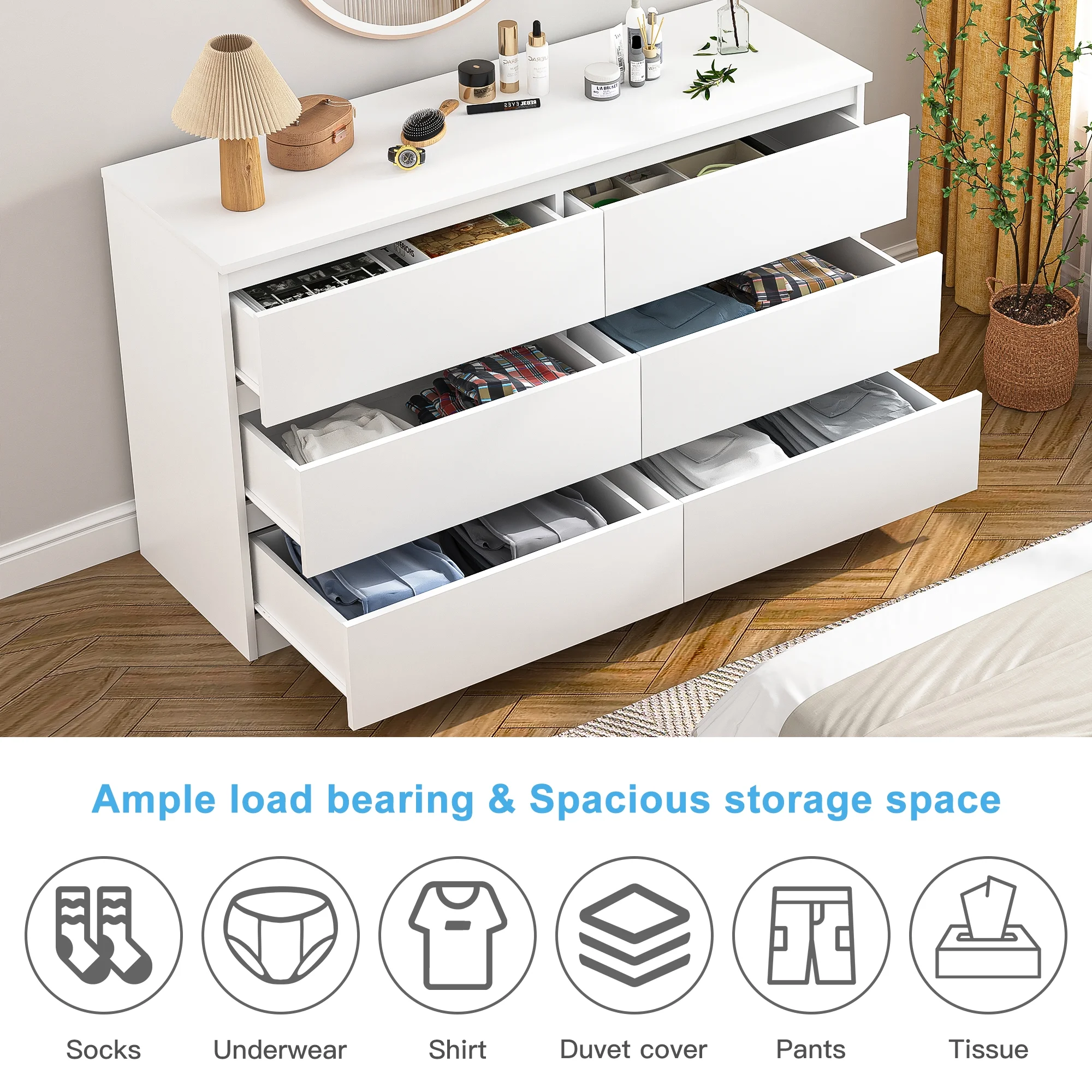 Kadyn White Chest of Drawer, 6 Double Drawer Dresser for Bedroom, Modern Storage Cabinet for Living Room, Dresser - Image 2