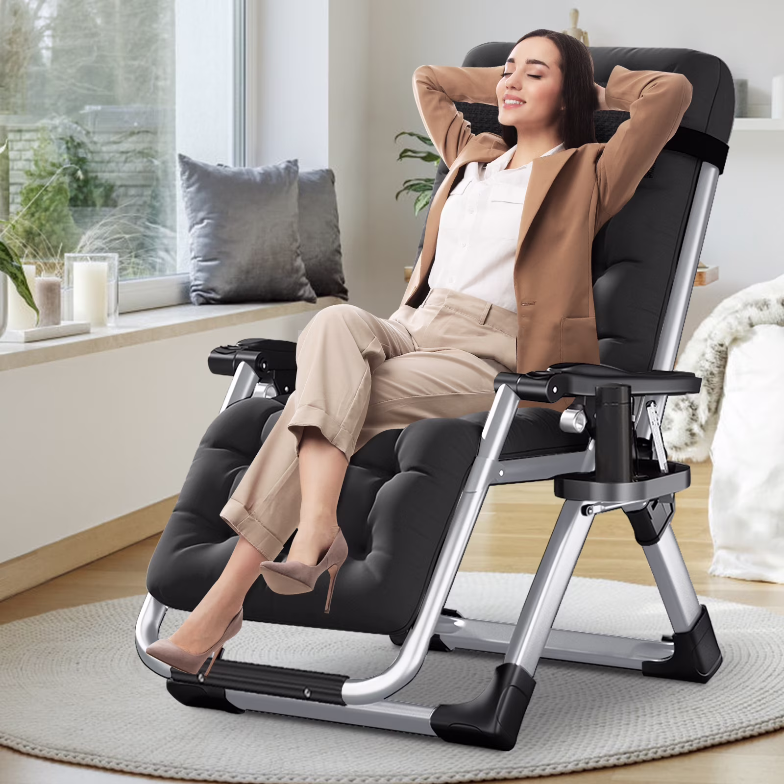 NAIZEA Zero Gravity Chair with Removable Cushion and Cup Holder Black - Image 11