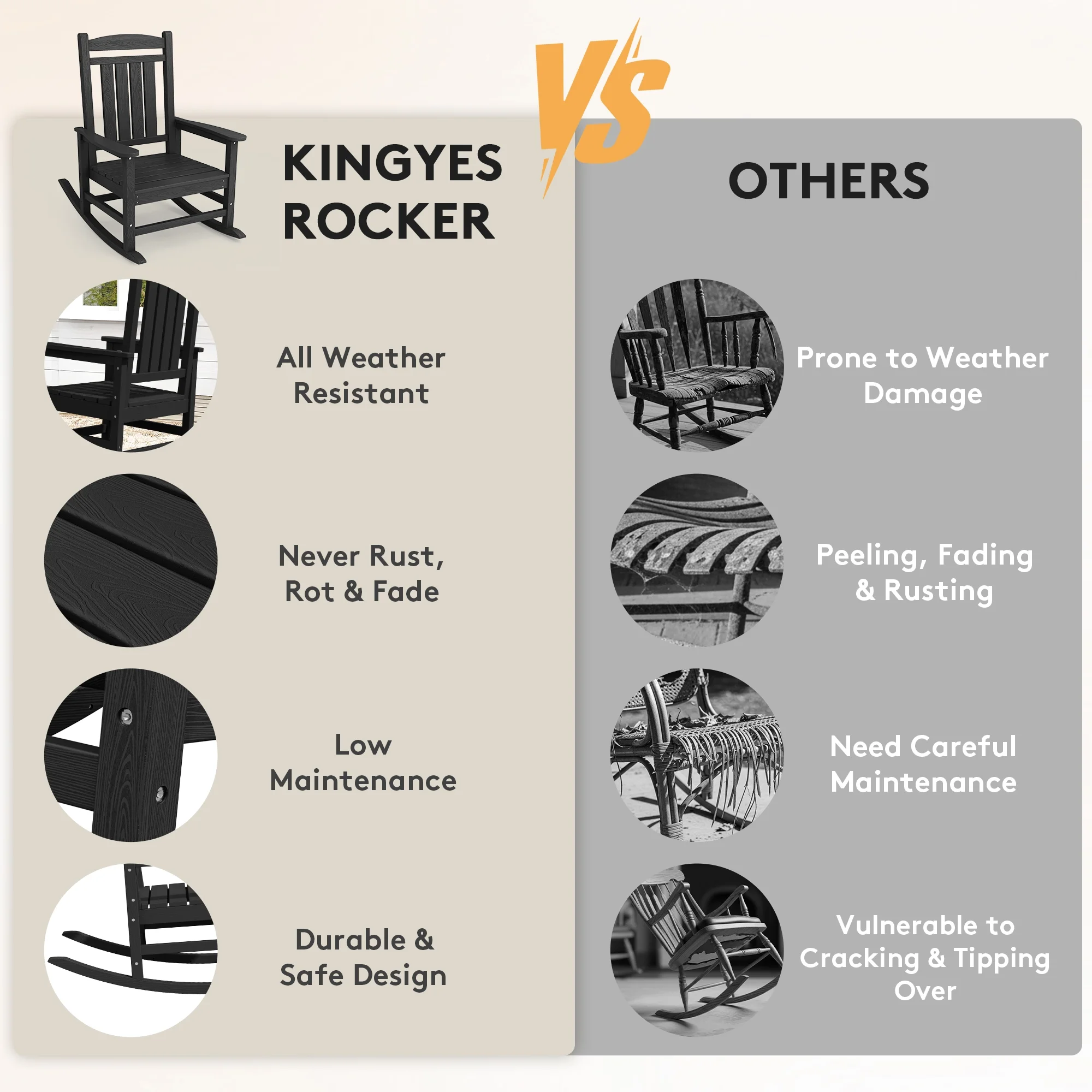 KINGYES HDPE Outdoor Rocking Chairs Set of 2,HDPE Patio Rocker for Porch,Black - Image 2