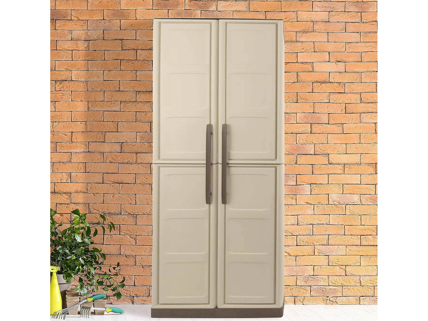 Armoire d'extérieur Marchin, Armoire de balcon polyvalente, Armoire d'extérieur 2 portes, 100% Made in Italy, Beige et Marron, Finition Damier, 70x39h165 cm