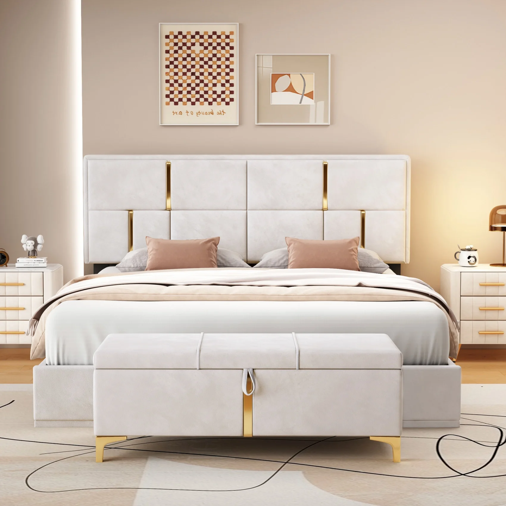 Queen Bed Frame with Storage, Upholstered Platform Bed Frame Queen Size with Hydraulic Storage System & Storage Ottoman, Queen Bed Frame No Box Spring Needed for Teens & Adults, 2 Pieces Bedroom Sets