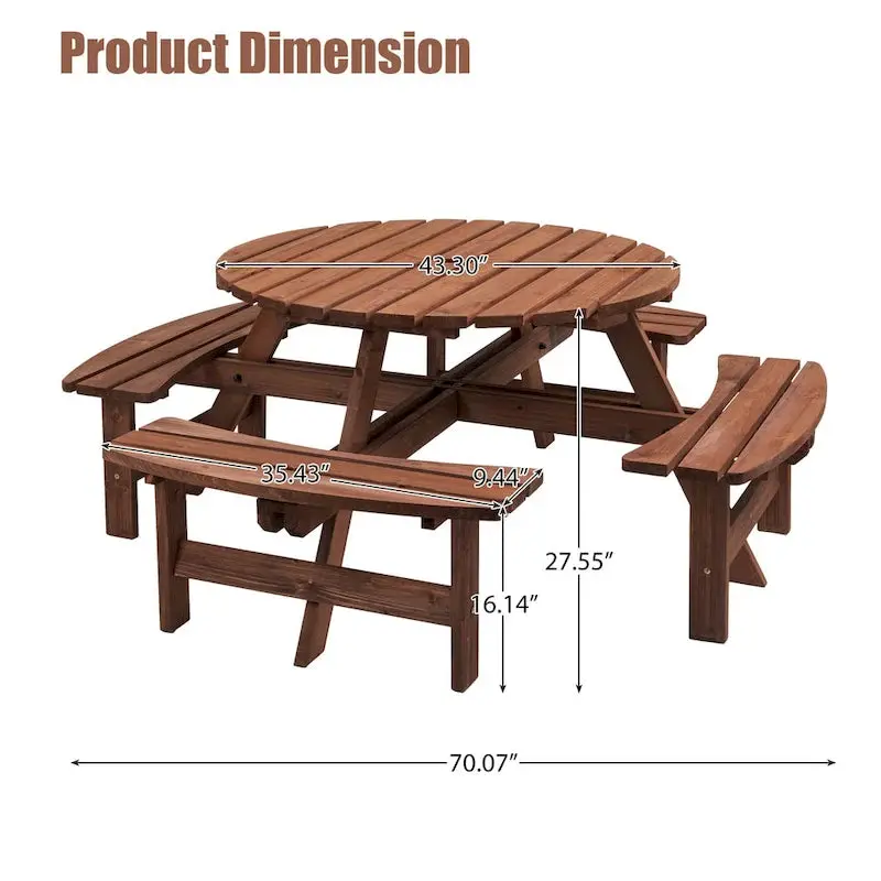8-Person Fir Wood Round Picnic Table Set With 4 Built-In Benches And Umbrella Hole - Image 5 8-Person Fir Wood Round Picnic Table Set With 4 Built-In Benches And Umbrella Hole - Image 5