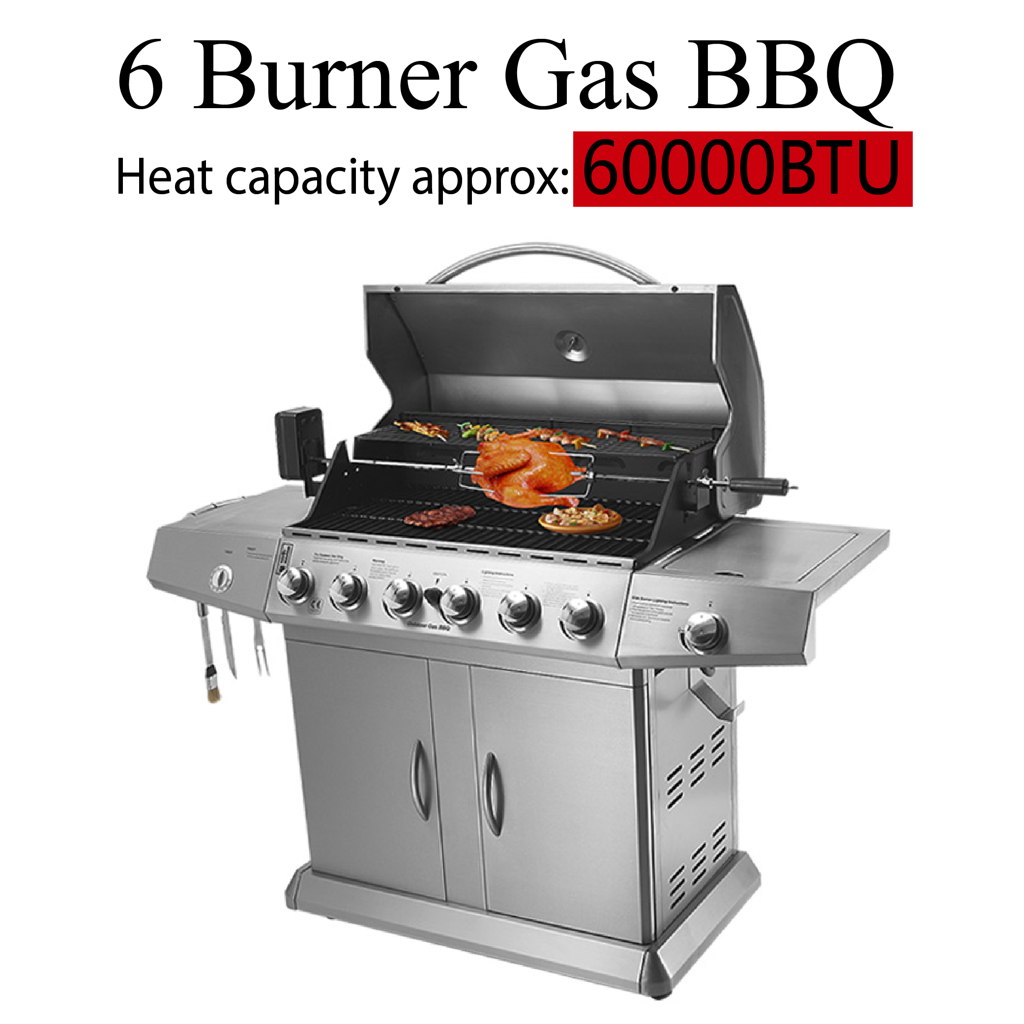 Stainless Steel 6 Burner Gas BBQ Grill Big Cooking Area Hotplate Modern Premium Design Adjustable Trolley Foldable Outdoor Use