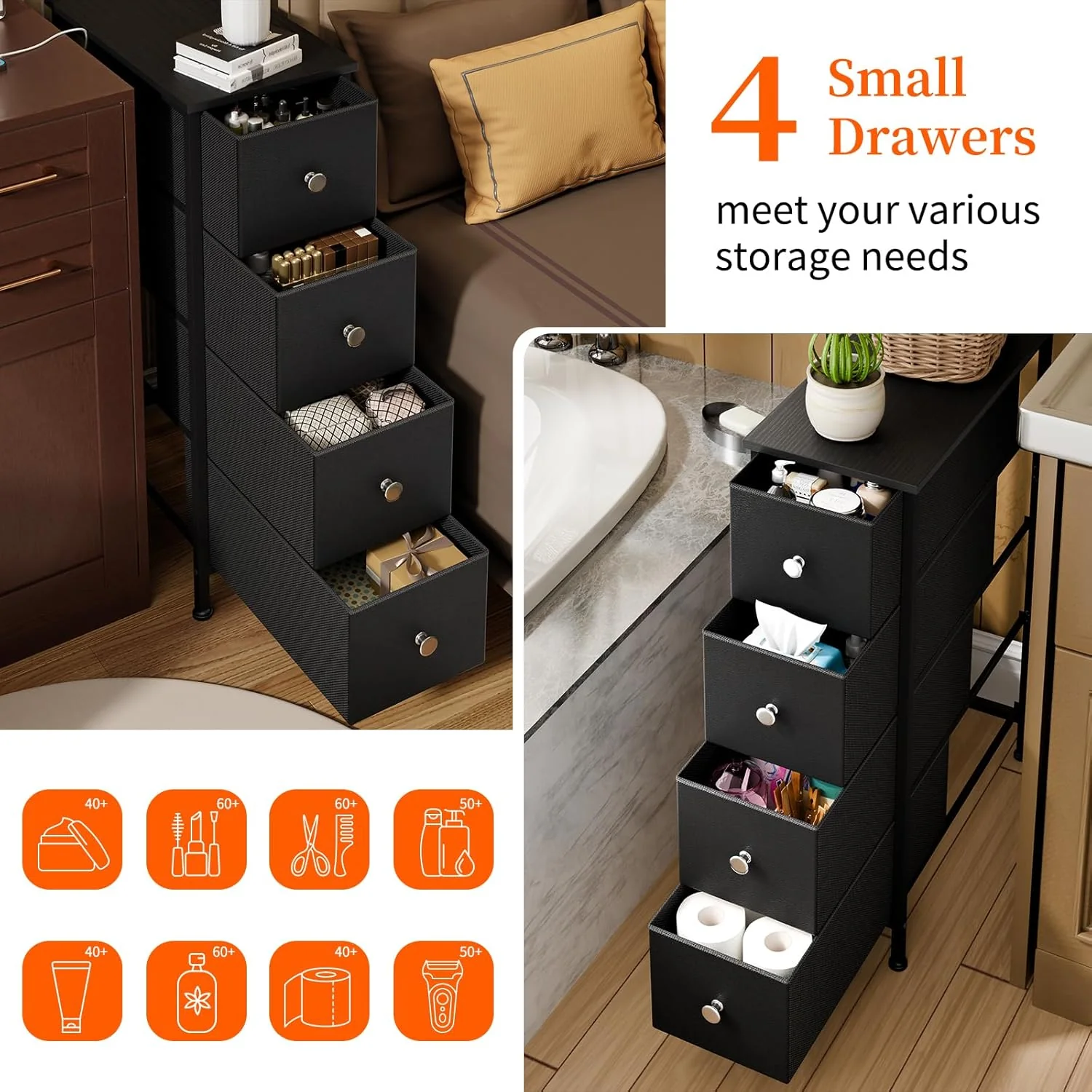 Black Narrow Storage Cabinet with 4 Fabric Drawers, Slim Storage Dresser - Image 6 Black Narrow Storage Cabinet with 4 Fabric Drawers, Slim Storage Dresser - Image 6