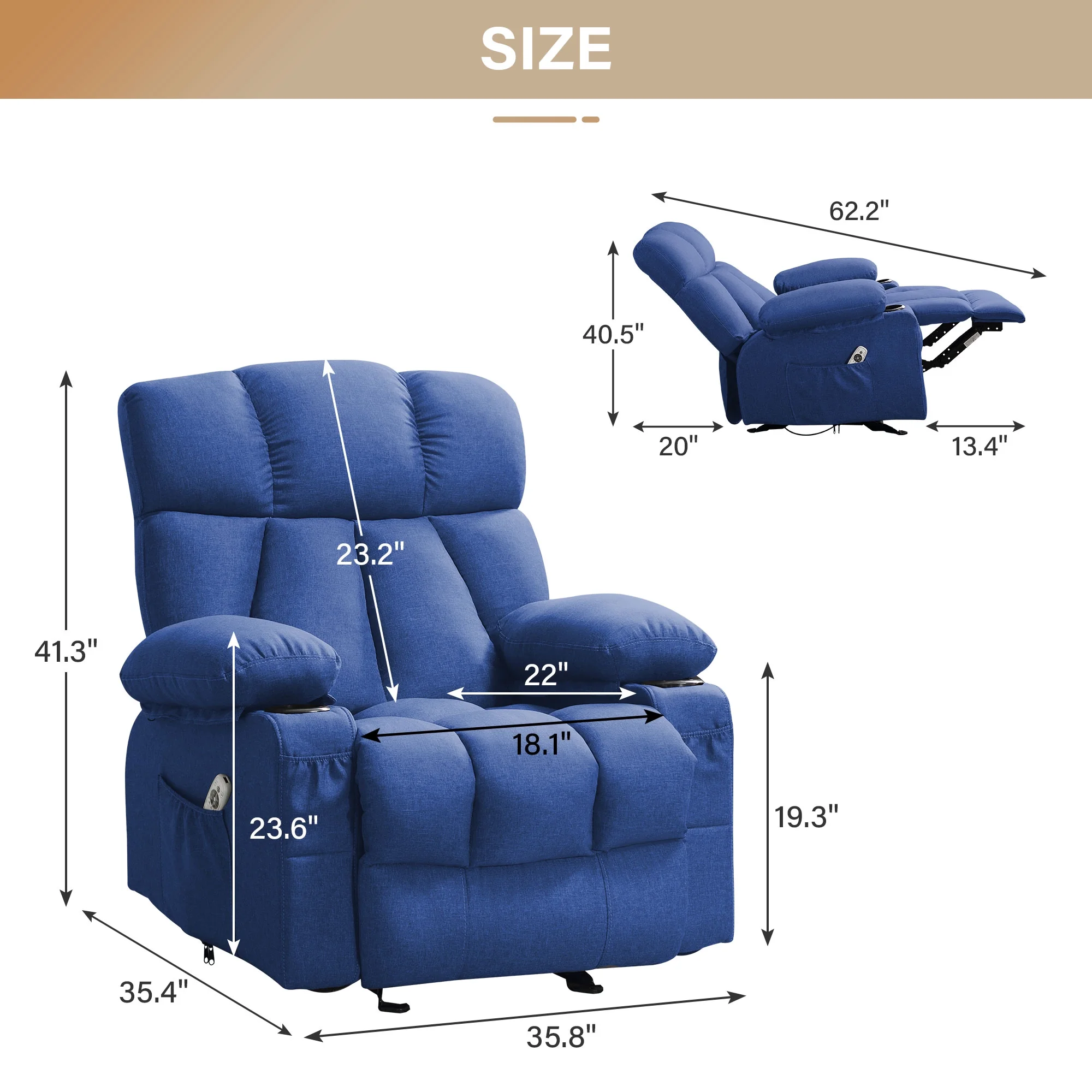 JONPONY Manual Recliner Chair with Heat Therapy and Massage Function, Heavy Duty Reclining Mechanism Massage Chair, Elderly Single Rocker Sofa with Cup Holders for Bedroom Home Theater,Grey - Image 105