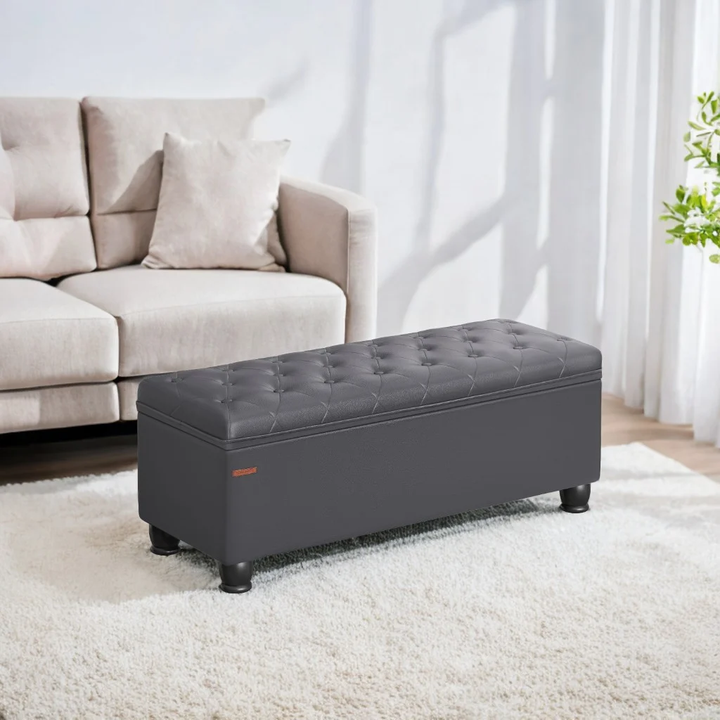 SONGMICS 46.5" Storage Ottoman Bench Storage Bench Bedroom Bench 330lb Load Capacity Solid Wood Legs Light Gray - Image 76