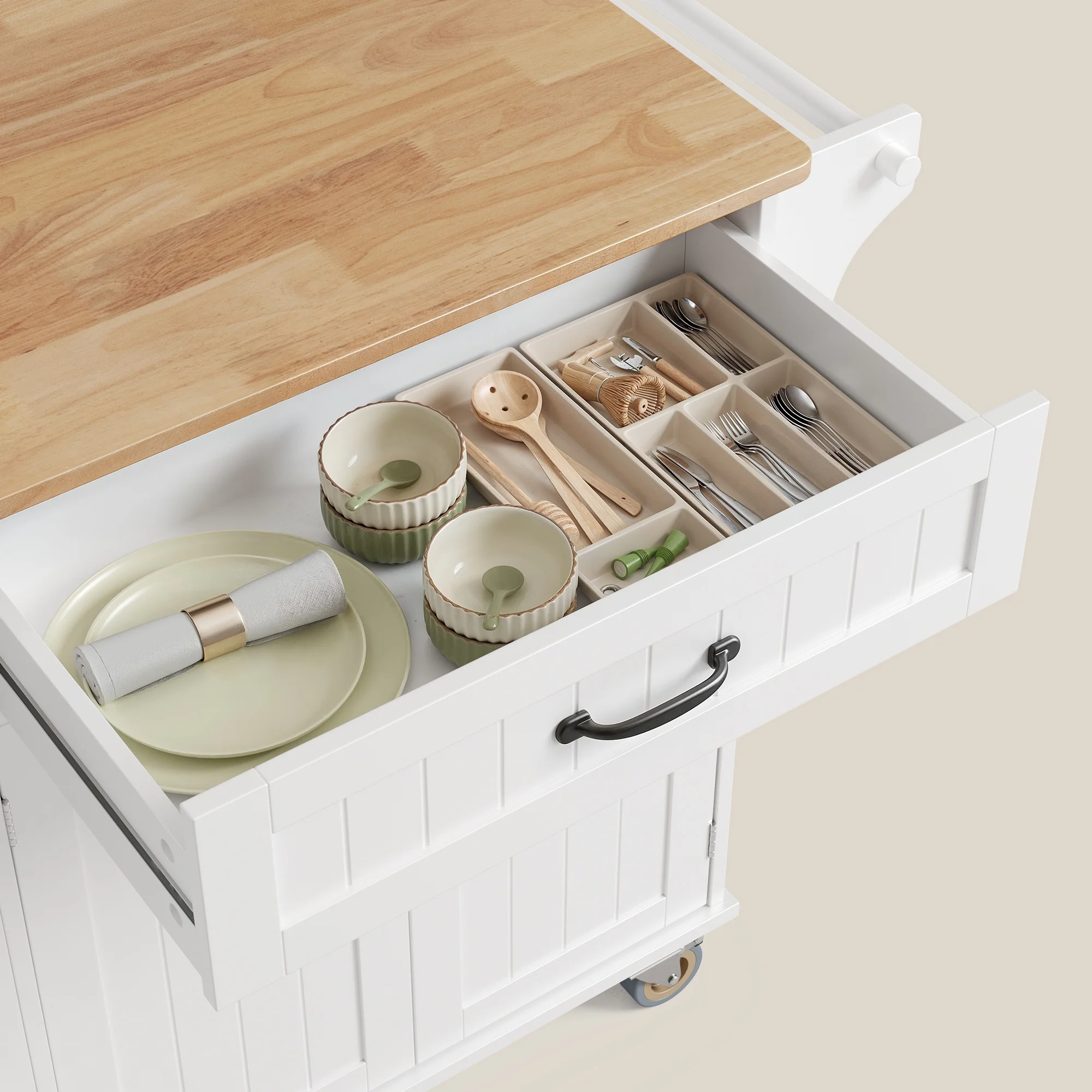 Noelse Rolling Kitchen Island with Drop Leaf Table and Hidden Trash Cabinet, Mobile Kitchen Cart with Storage Drawer, Adjustable Shelves & Rubberwood Countertop on Wheels, White