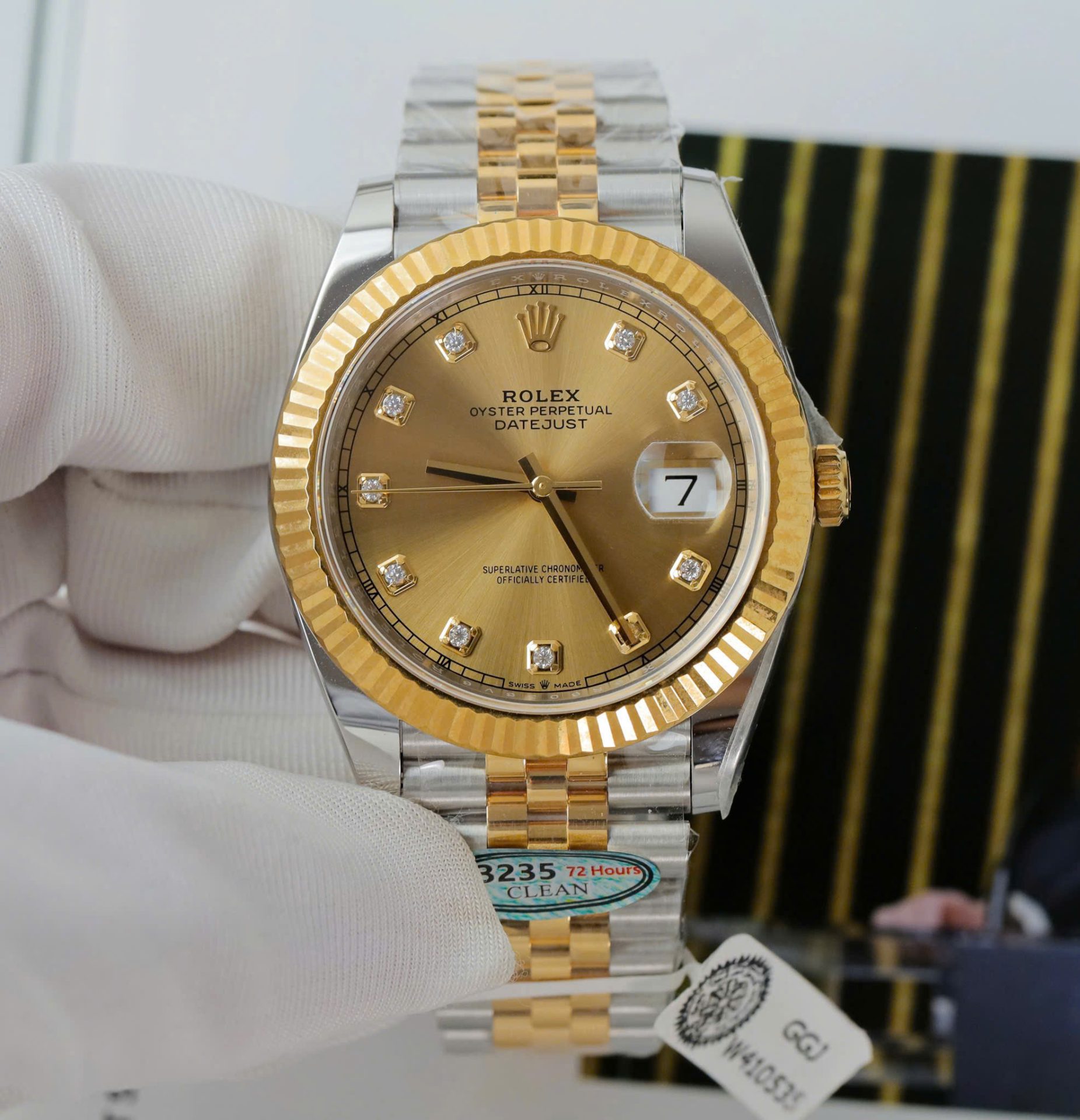 Rolex DateJust Copies Watches Yellow Champagne Dial Moissanite Diamonds Clean Factory 41mm - Elite Watch Atelier
