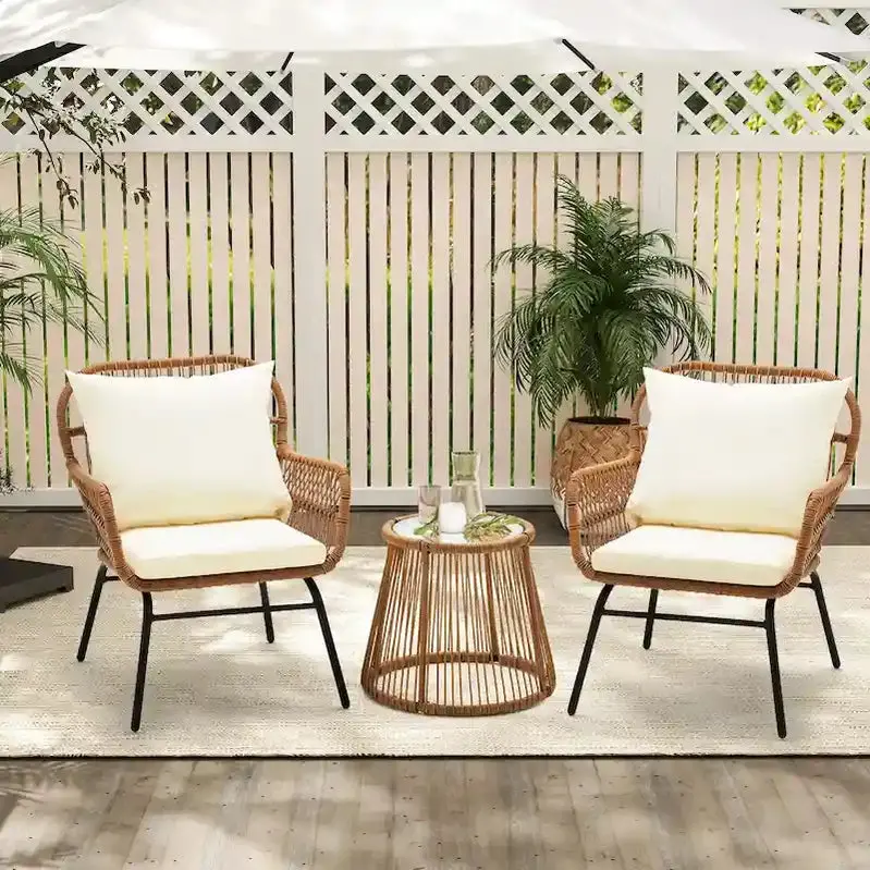 3-Piece Outdoor Rattan Bistro Set With Glass-Top Table, Wide-Arm Chairs And Seat Cushions - Image 2 3-Piece Outdoor Rattan Bistro Set With Glass-Top Table, Wide-Arm Chairs And Seat Cushions - Image 2