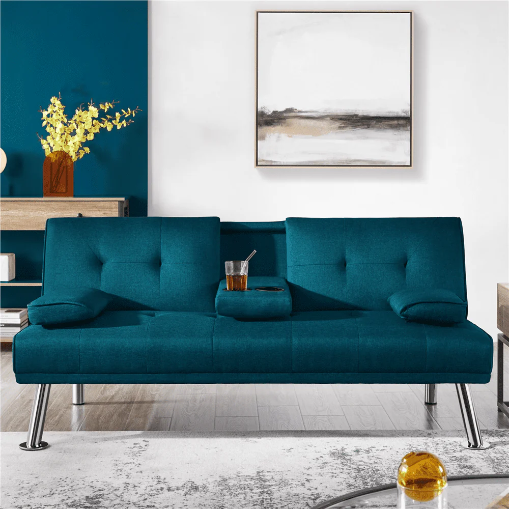 Easyfashion Convertible Futon Sofa Bed W/ Chrome Metal Legs & 2 Cup Holders, Aqua Blue