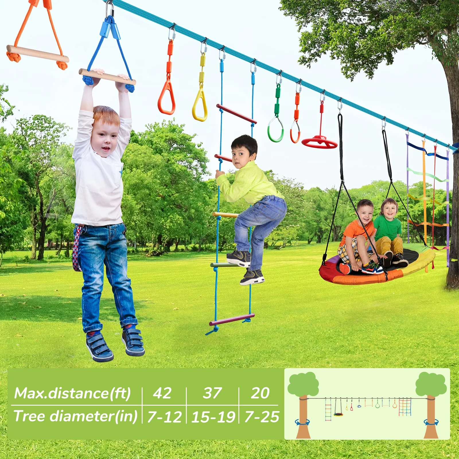 KloKick 50ft Ninja Warrior Obstacle Course with Slackline Monkey Bars and Saucer Swing - Image 8