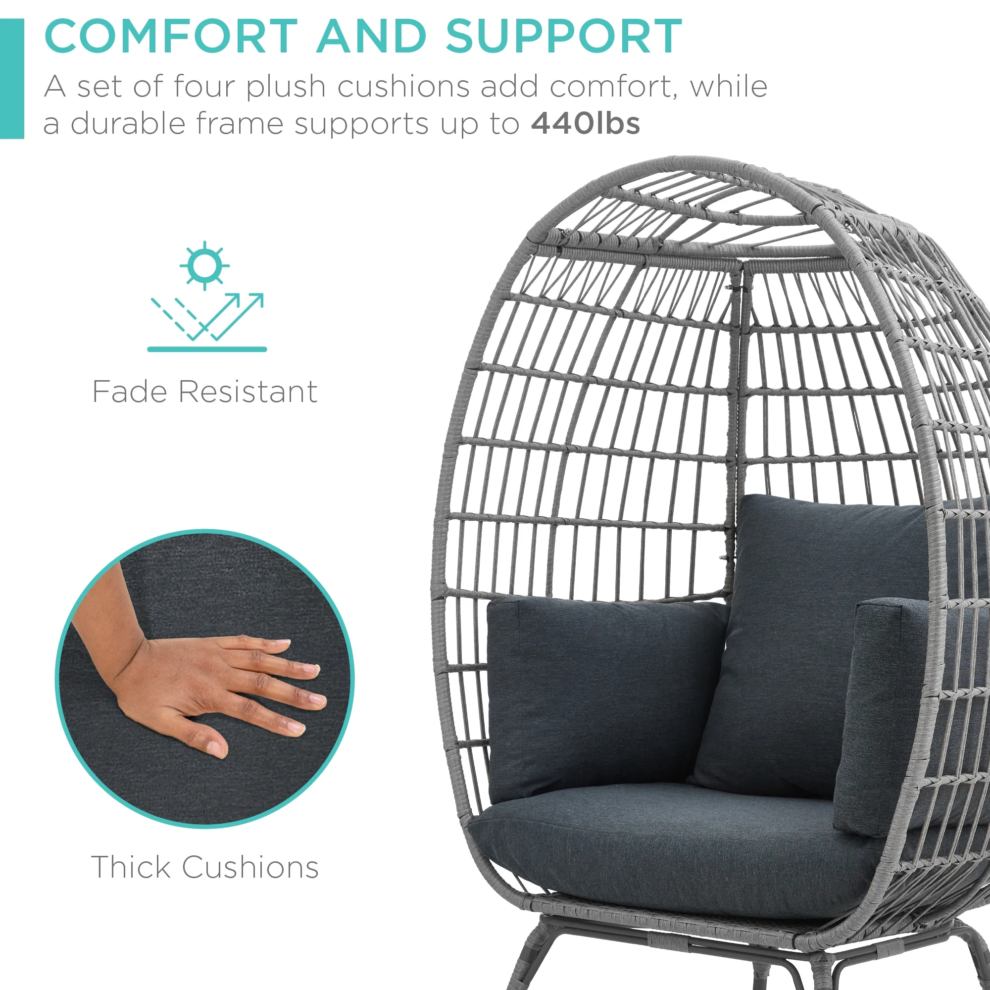 Best Choice Products Wicker Egg Chair Oversized Indoor Outdoor Patio Lounger w/ Steel Frame, 440lb Capacity - Black - Image 42