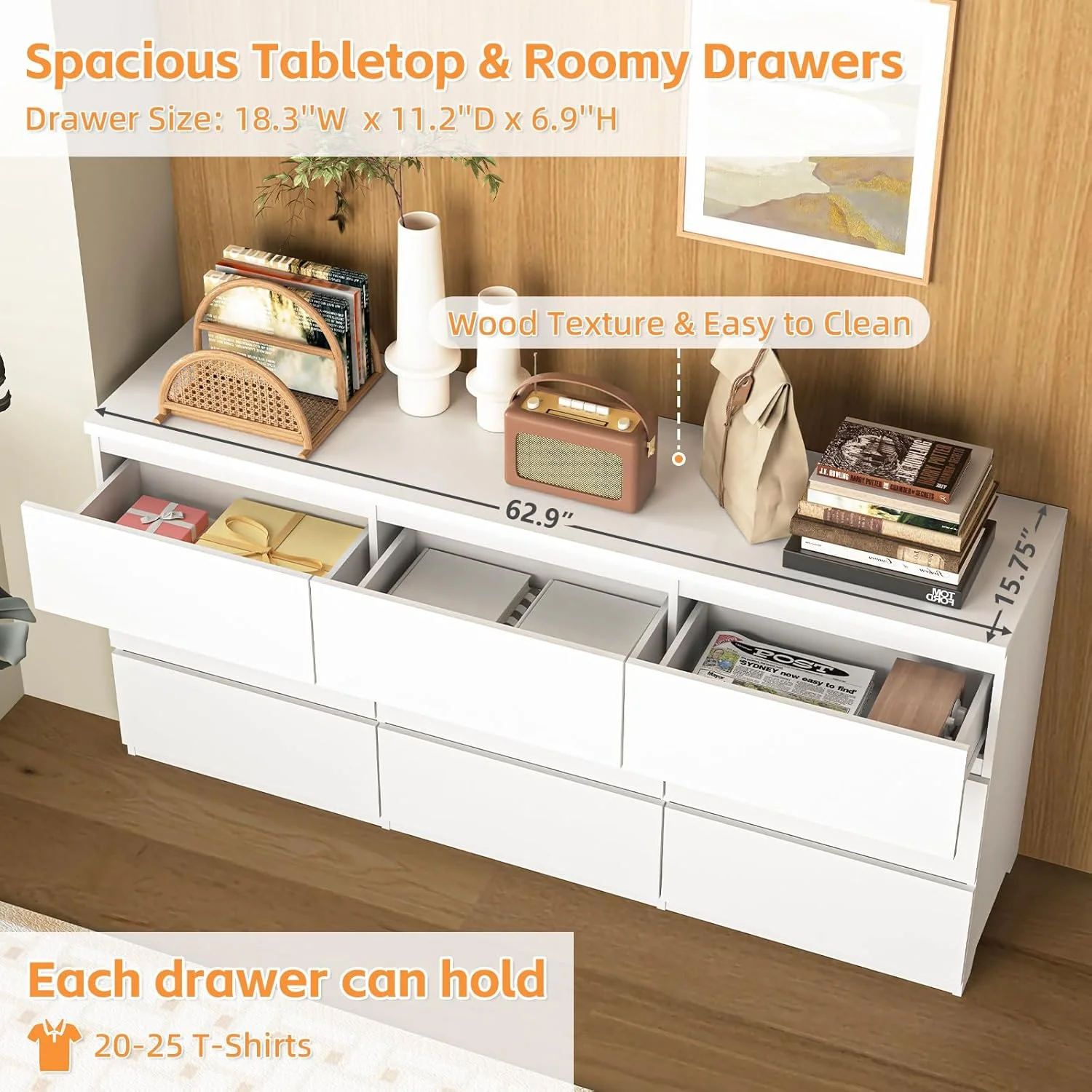 Fluted 6 Drawers Dresser, Wide Modern Chest of Drawers, Curved Profile Design, Dresser TV Stand, Wood Drawer Organizer for Bedroom, Living Room, Hallway - Image 19