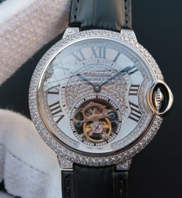 Replica Cartier Ballon Bleu de Cartier Tourbillon SS Paved Diamonds Black Leather Strap - Top club