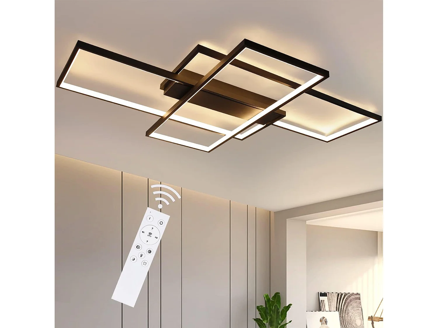 NETTLIFE Plafonnier Dimmable, 100x70x8cm, 3 Carrés Plafonniers LED noir Modernes avec Télécommande, 88W Acrylique Éclairage Lampe de Plafond
