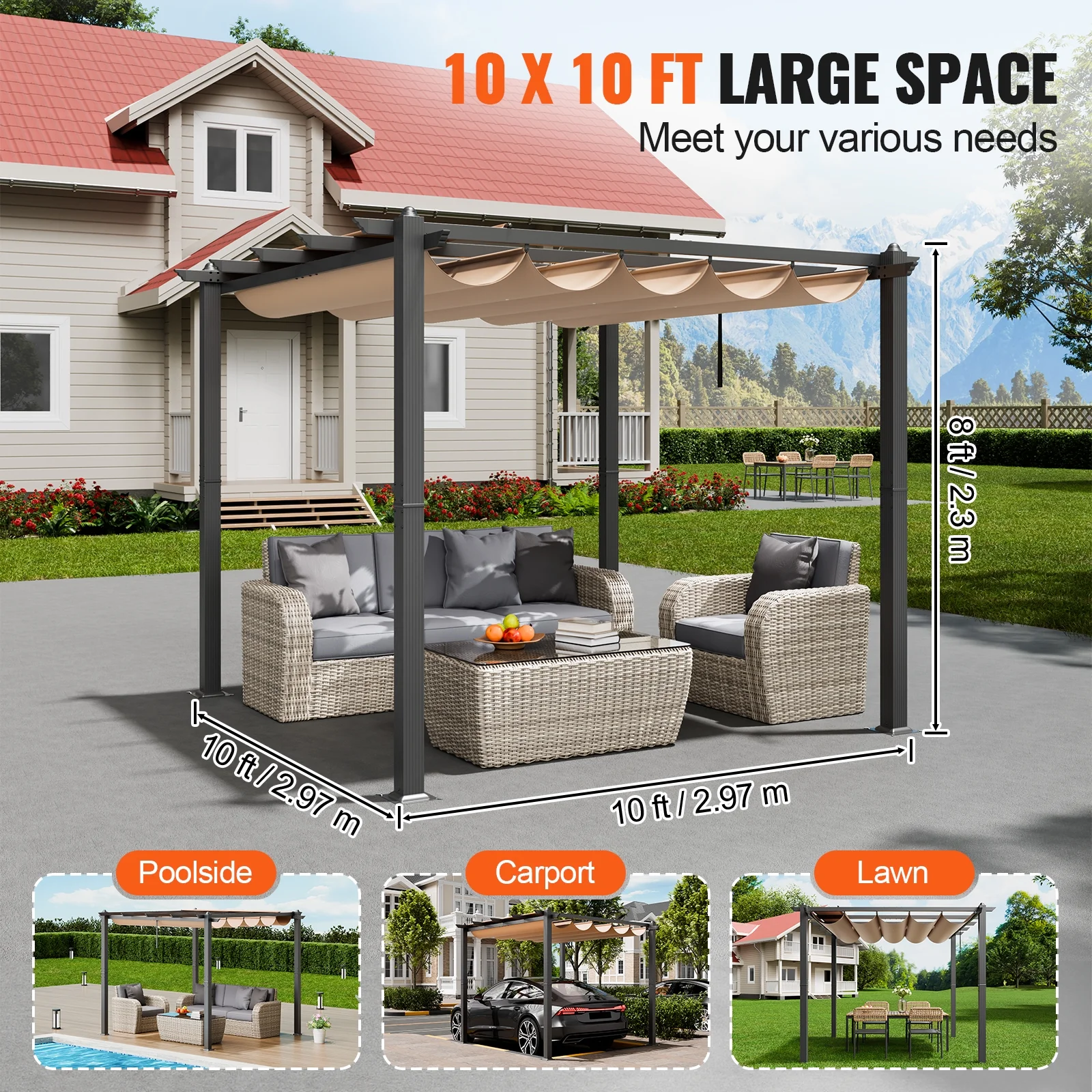 KFFKFF 10'x10' Aluminum Patio Pergola, Retractable Sun Shade Canopy, Ideal for Outdoor Gardens, Decks, and Backyards - Beige - Image 2