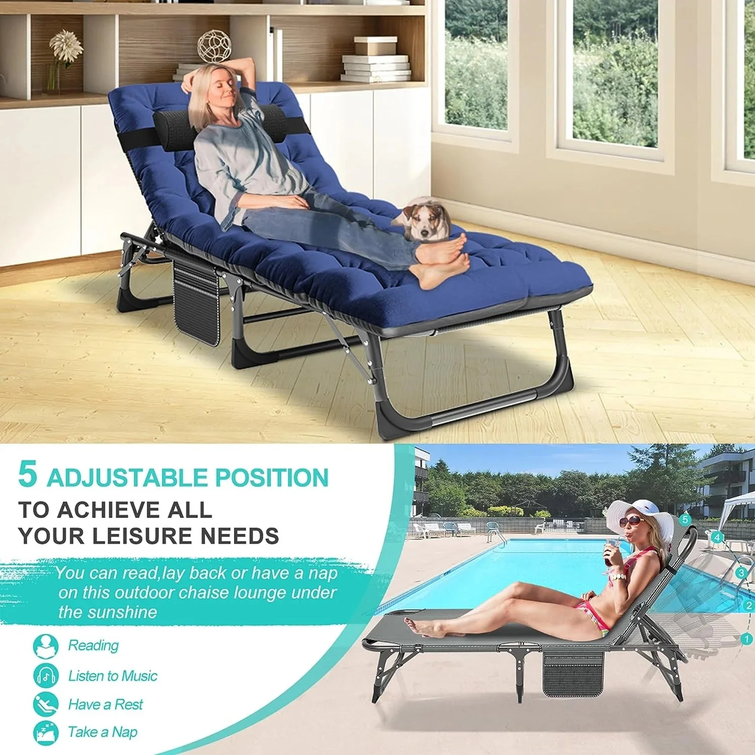 Slsy 5-Position Adjustable Folding Lounge Chair And Cot - 75.2" x 25.6" x 11.8" - Image 23 Slsy 5-Position Adjustable Folding Lounge Chair And Cot - 75.2" x 25.6" x 11.8" - Image 23