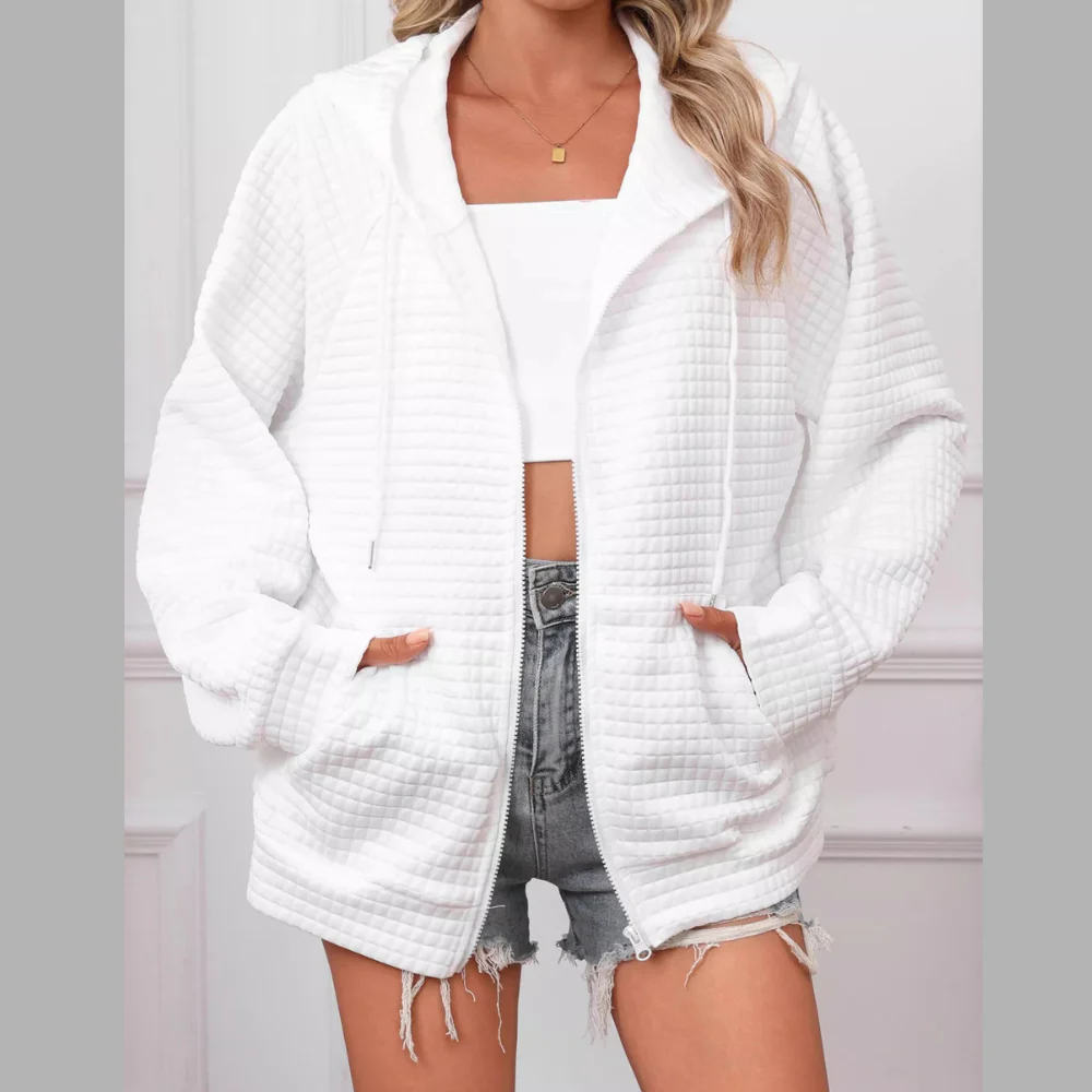 Full Size Textured Quilted Zip-Up Hooded Jacket Plus Size - ZKZOOK