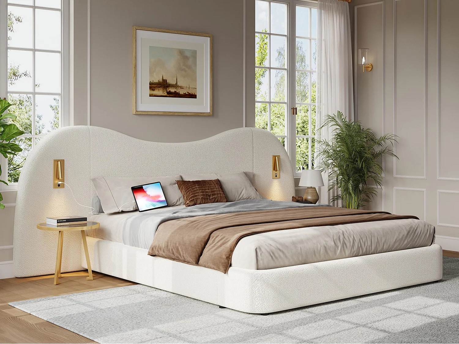 Lit coffre rembourré 180x200 cm - avec USB et lampe de lecture - Tissu bouclé - Blanc (sans matelas)