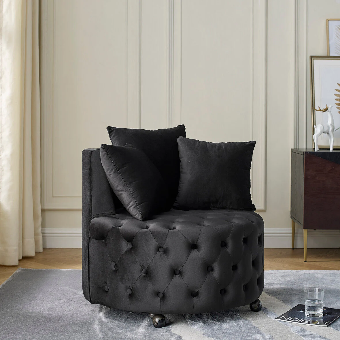 Swivel Barrel Chair, Modern Velvet Upholstered Lounge Chair with Button Tufted Design and Movable Wheels, Round Club Chair with 3 Pillows for Bedroom, Living Room, Lounge, Hotel. Black.