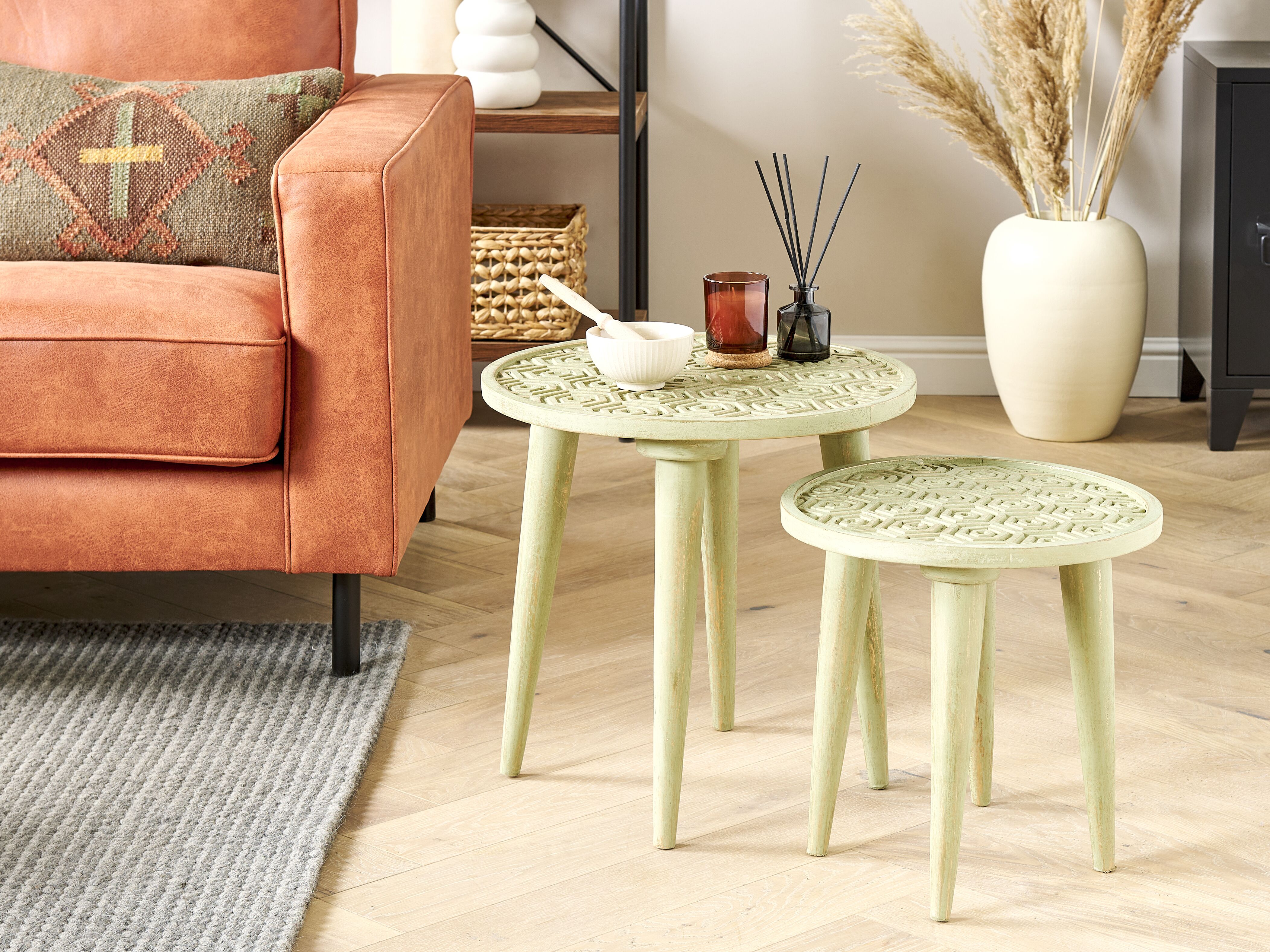 Set of 2 Side Tables MAHARO Mango Wood Light Green