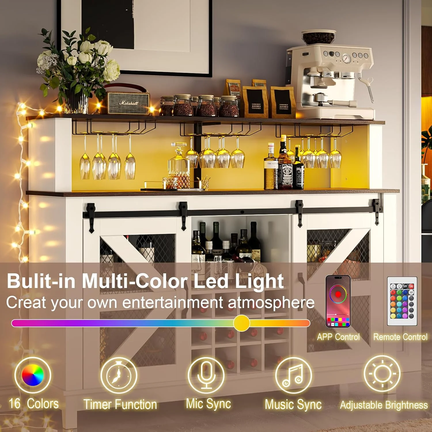 Waleaf Farmhouse Coffee Bar Cabinet with LED Lights, 55