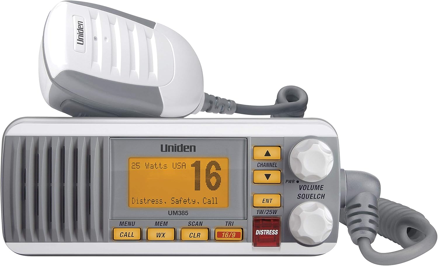Uniden UM385 25 Watt Fixed Mount Marine Vhf Radio  Waterproof IPX4 with Triple Watch  Dsc  Emergency/Noaa Weather Alert  All Usa/International/Canadian Marine Channels  Memory Channel Scan  White