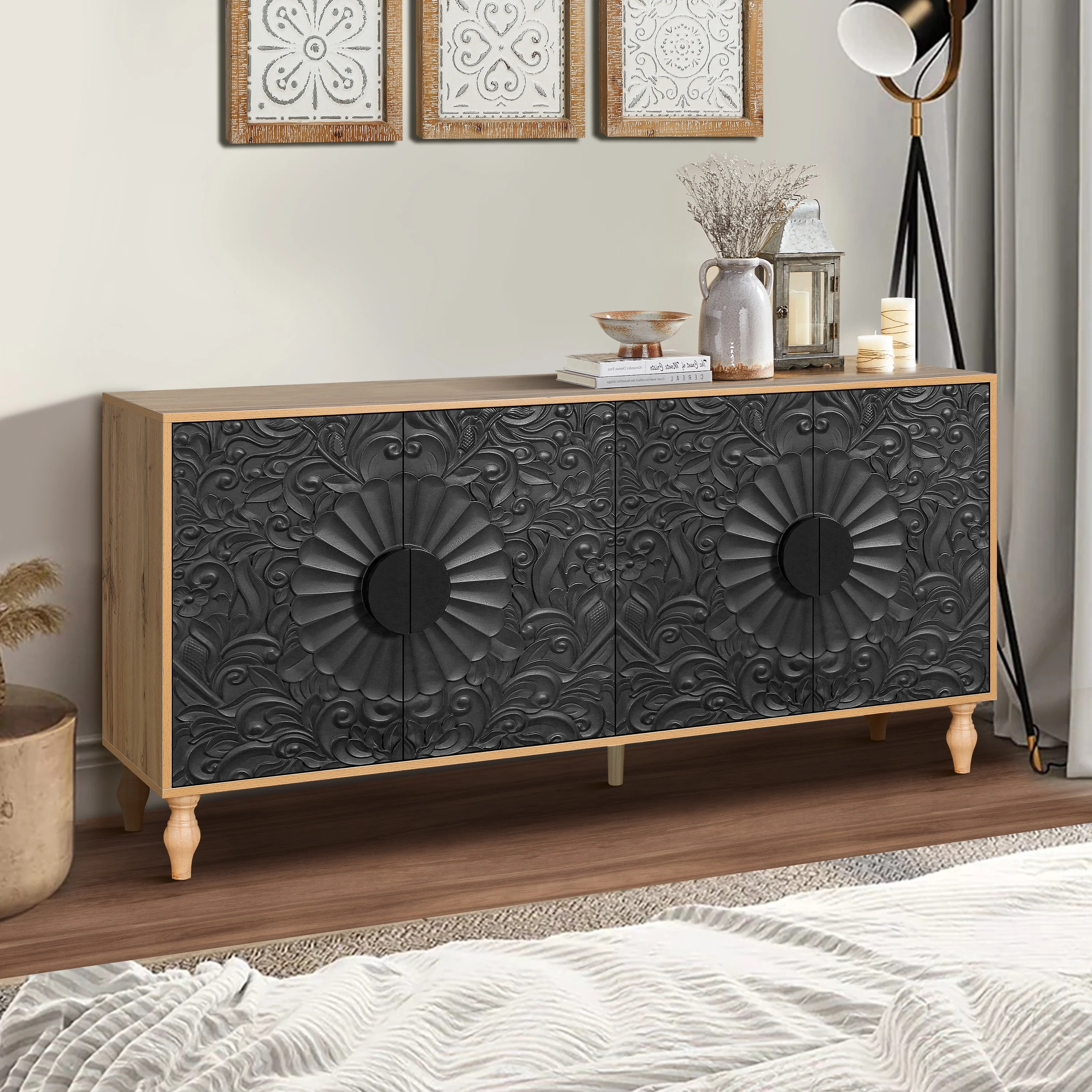 Aukfa 63" Large Accent Storage Cabinet TV Stand with Carved Door for Living Room,Entryway,Natural - Image 24