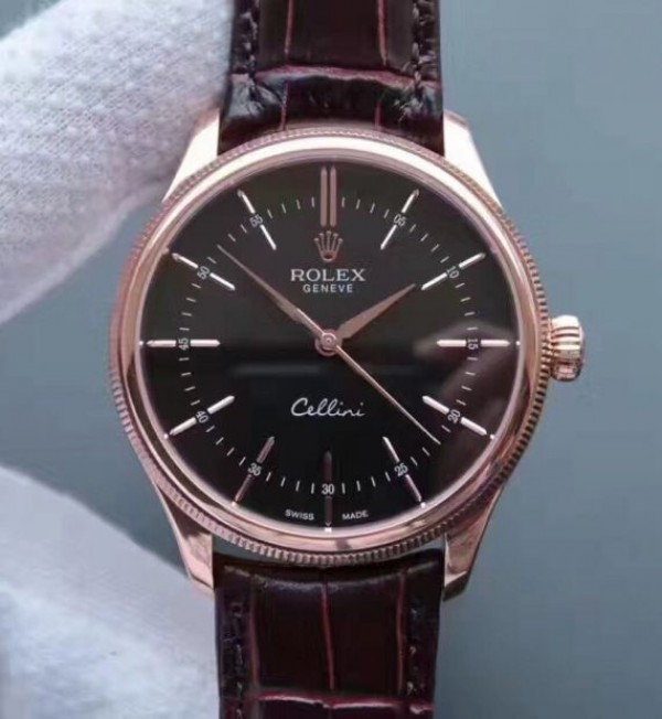 Replica Rolex MK Cellini Time 50505 Black Dial RG Leather Strap A3165 - Top club