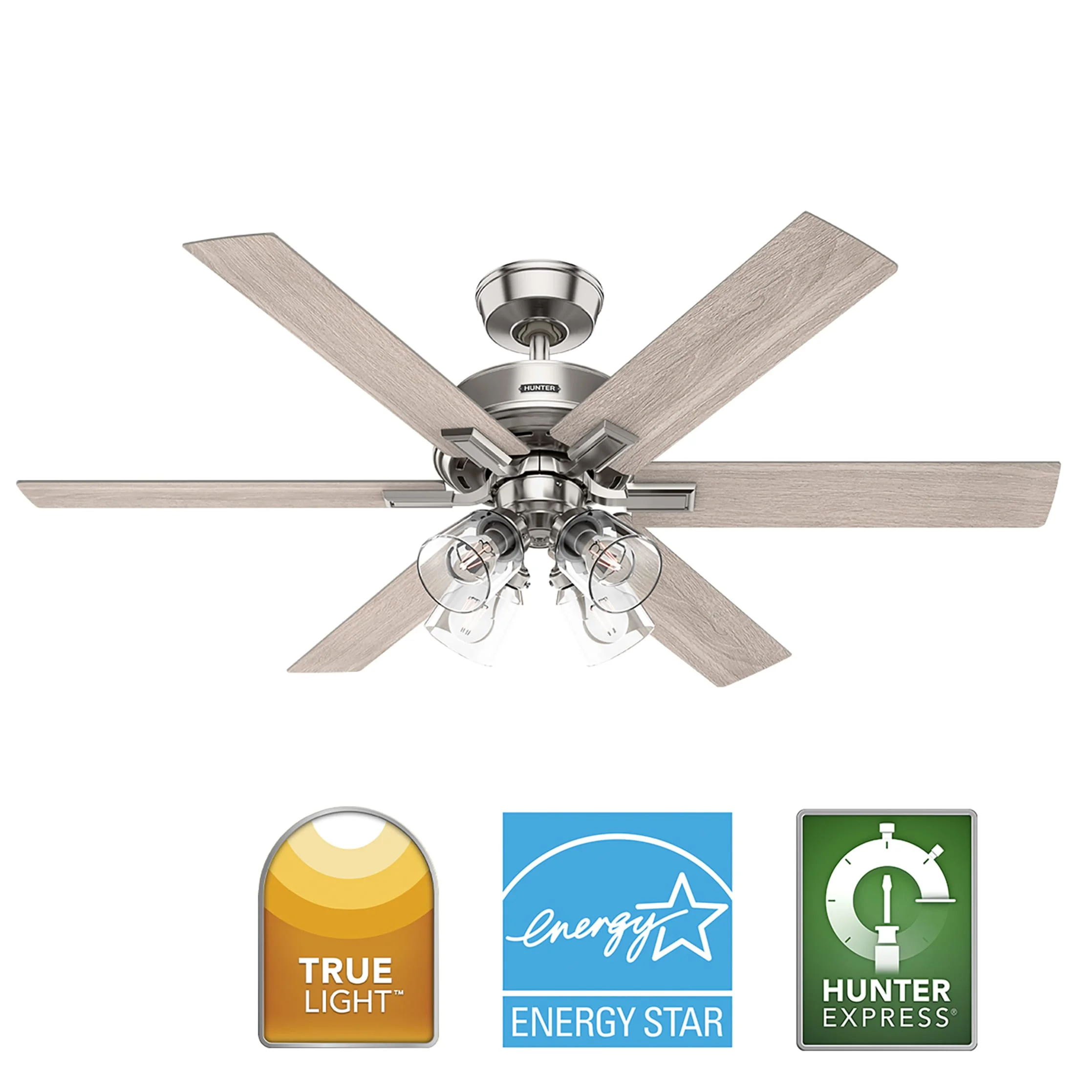 Hunter - Fonthill Indoor Ceiling Fan With Light, Remote, 52-inch, Brushed Nickel, Casual-style, 6-speed DC Motor, Quick Installation, Energy Star, 52901
