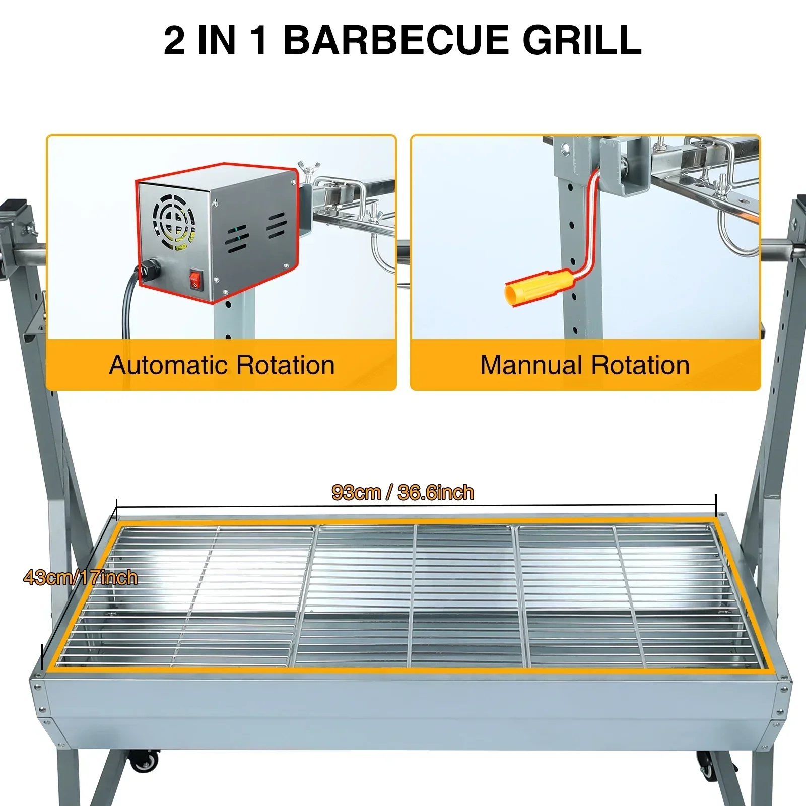 Rocita Charcoal Rotisserie Grill Roaster 132lbs, 38.5in x 18.1in, Stainless Steel, 25W Motor And Hand Crank - Image 4 Rocita Charcoal Rotisserie Grill Roaster 132lbs, 38.5in x 18.1in, Stainless Steel, 25W Motor And Hand Crank - Image 4