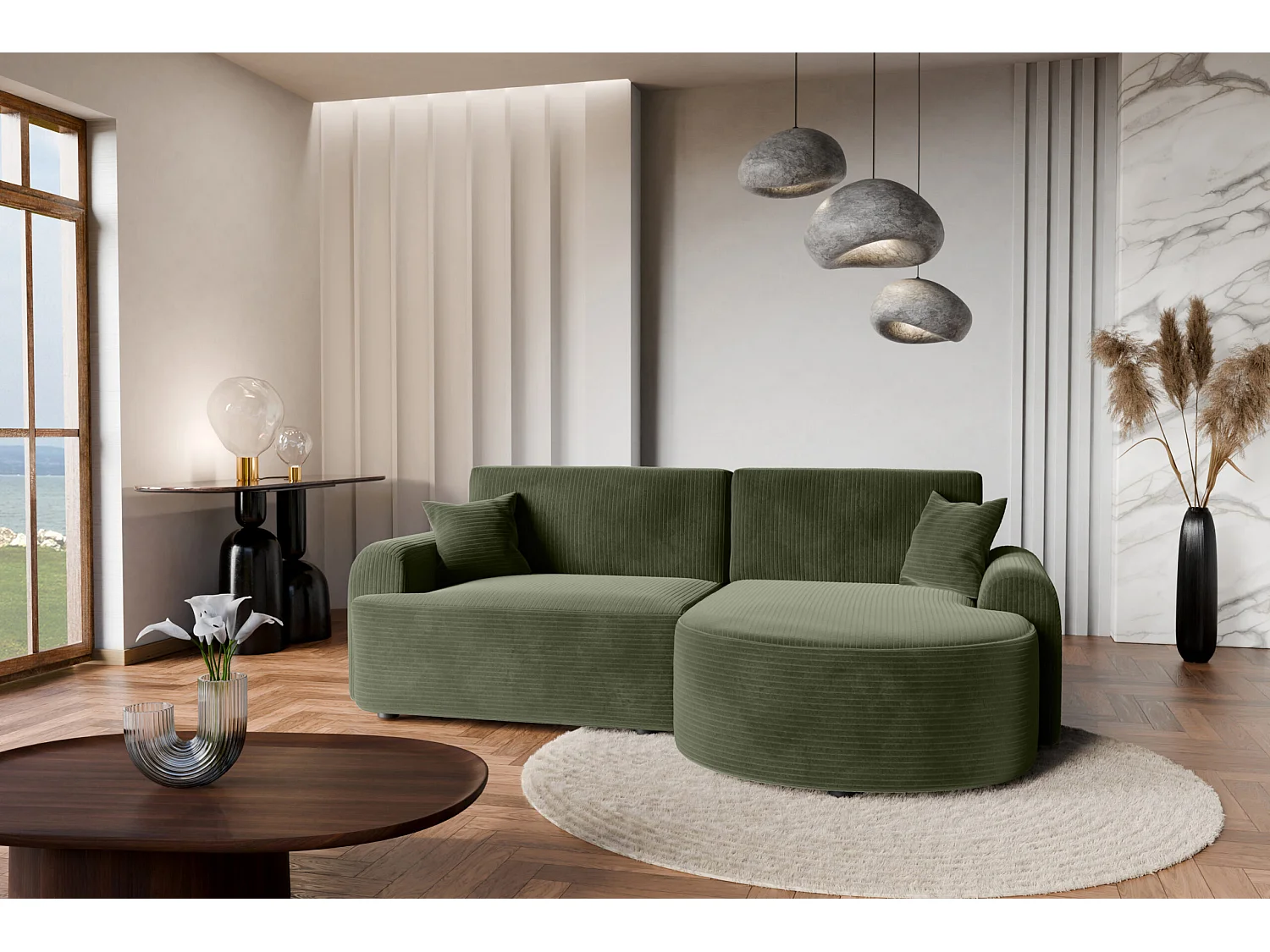 Canapé d'Angle droit avec fonction de couchage ARTE PREMIUM coffre en velours côtelé vert bouteille du fabricant - VINOTTI