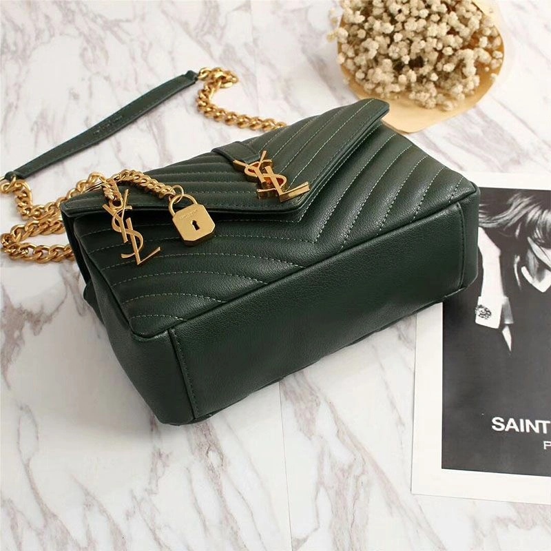 Saint Laurent Medium Classic College Chain Bag In Matelasse Leather Green Gold - 1:1High-quality replica