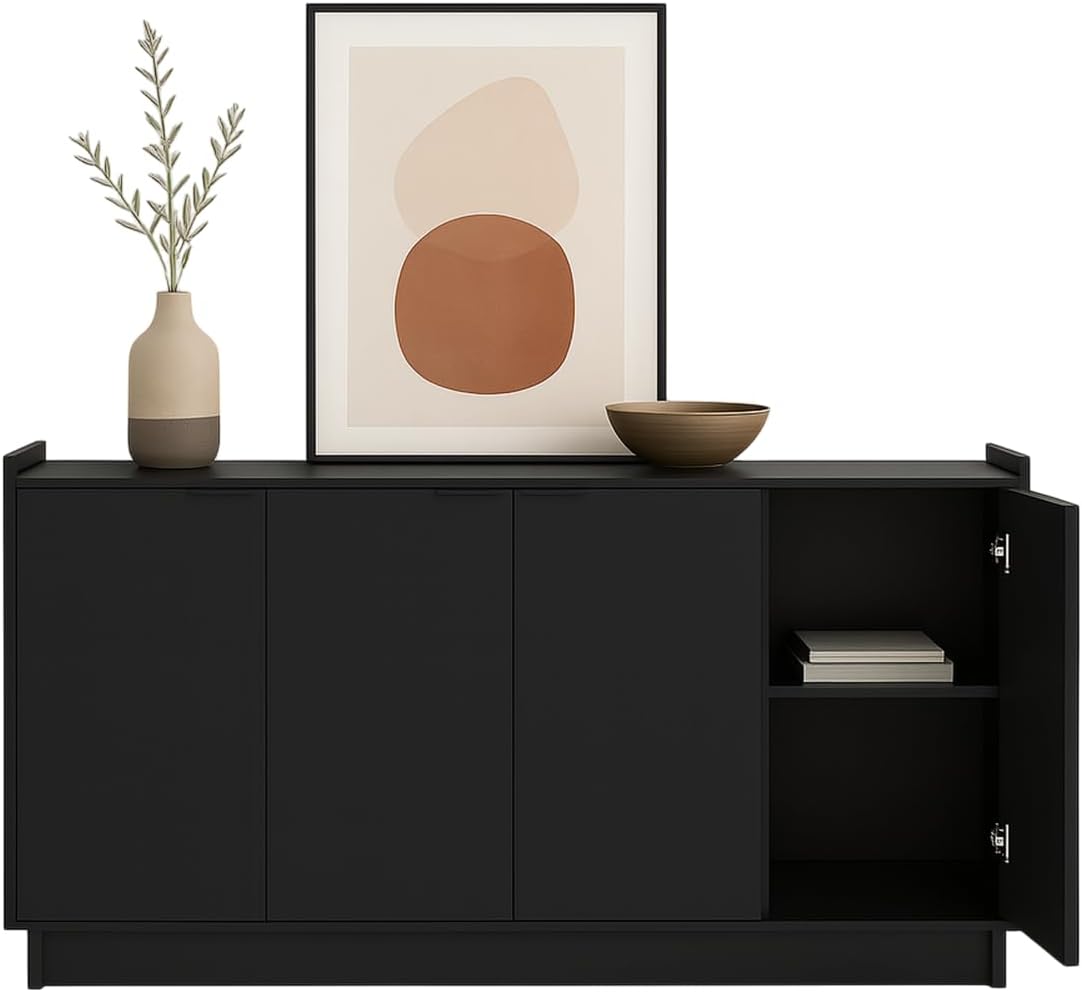 Prepac Simply Modern 4 Door Console Table Storage Cabinet, Buffet Cabinet for Storage and Organization, Modern Side Table with Doors & Shelves, 60”W x 30”H x 16”D, Black