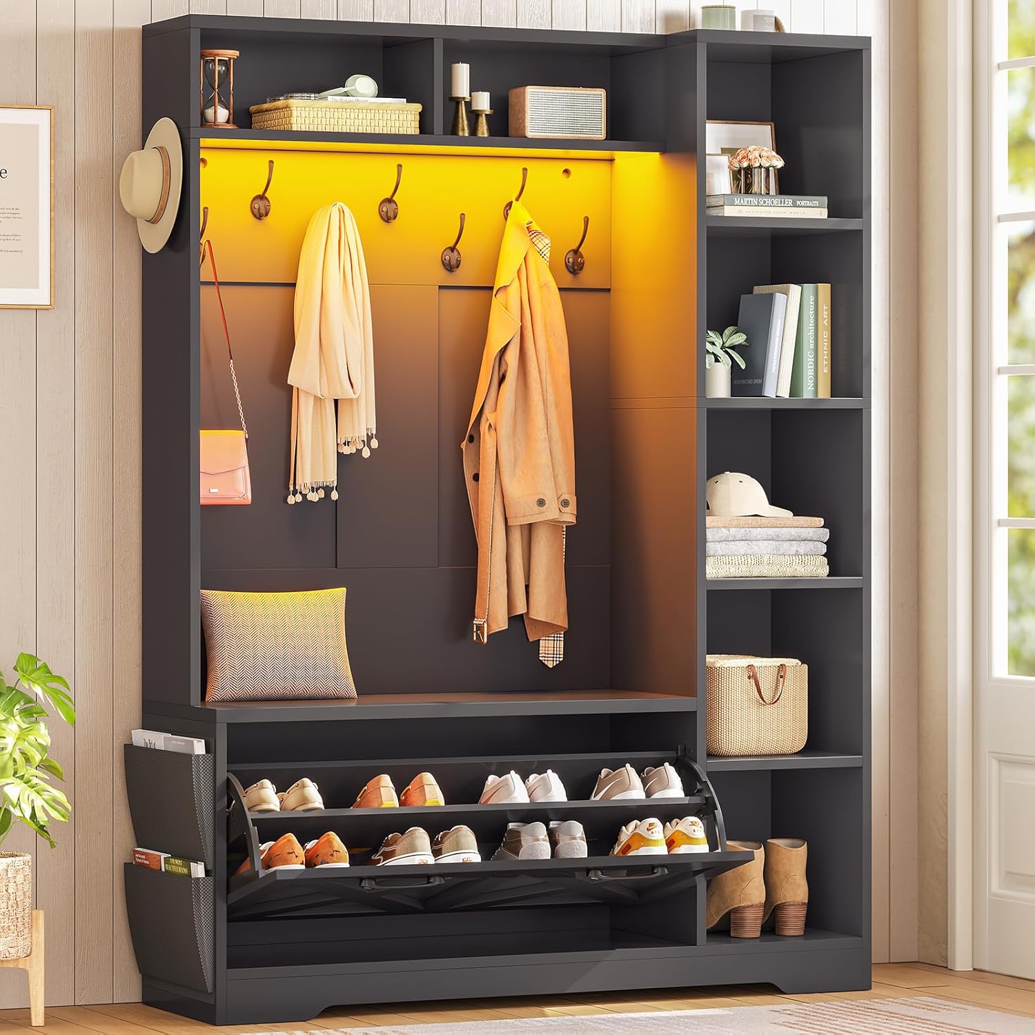 Itaar Hall Tree with Bench and Shoe Storage, Farmhouse Entryway Bench with Coat Rack, Shoe Cabinet with Flip Drawers, 7 Shelves, 10 Coat Hooks, Storage Bag, Led Lights, Black