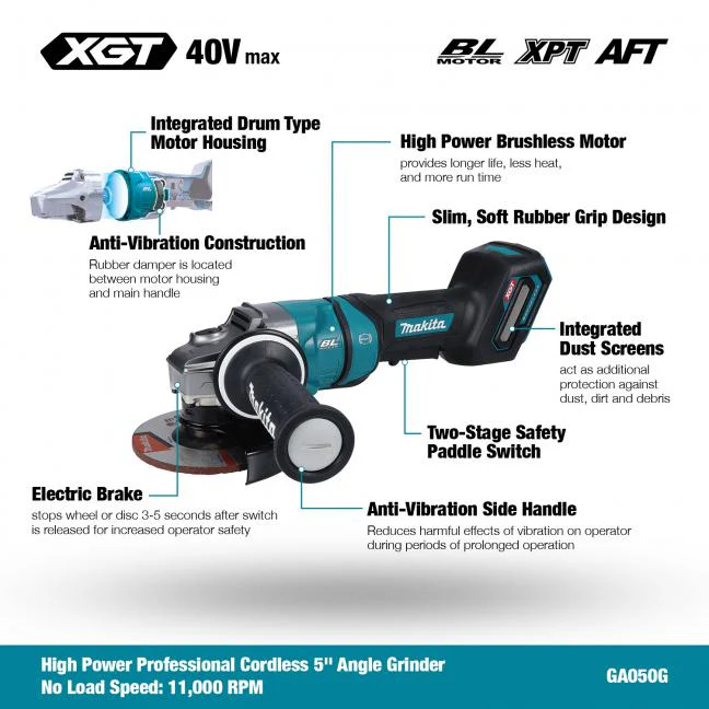 MAKITA GA050GZ 40V Max XGT BL  5 in. Angle Grinder w/Paddle Switch, Tool Only