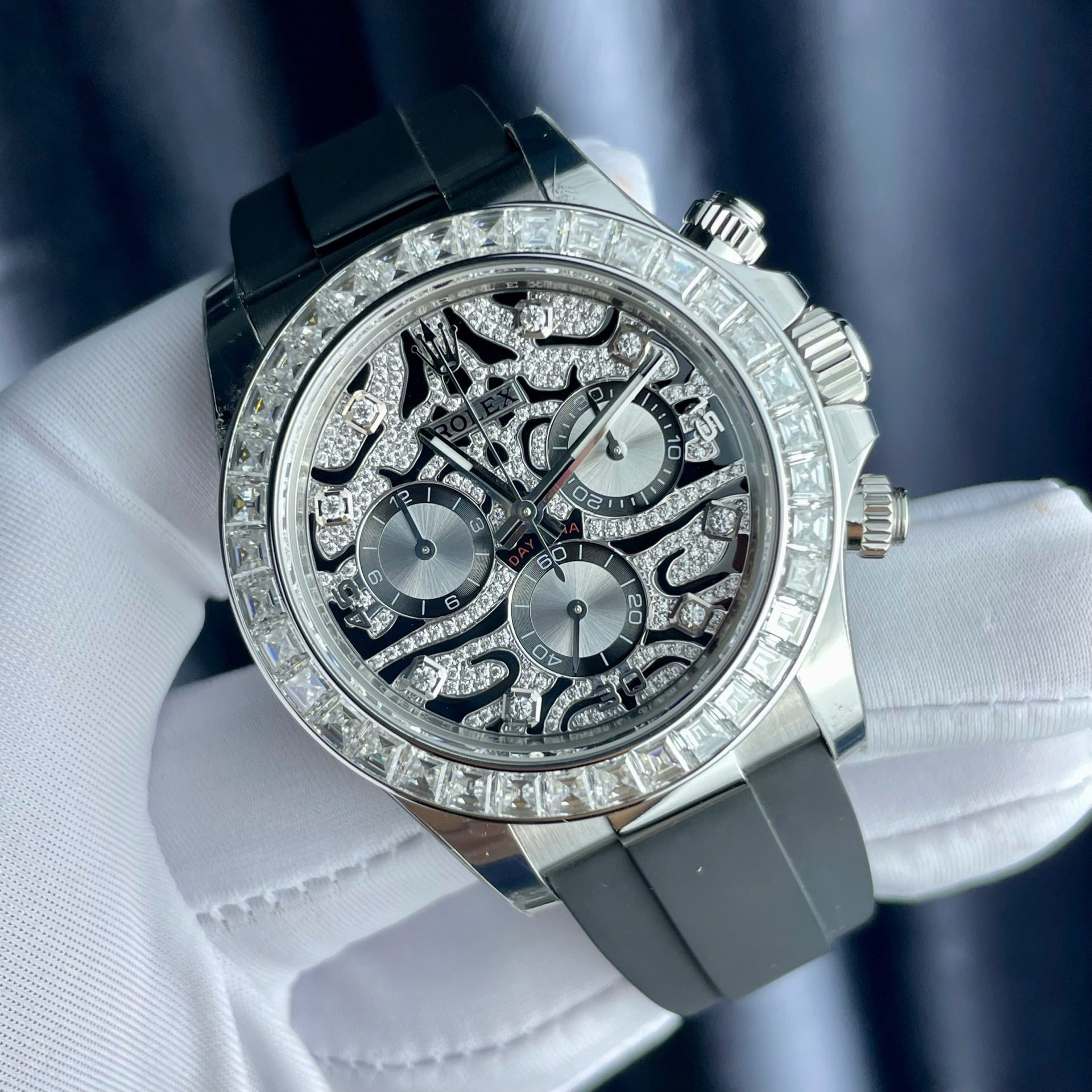 Rolex Cosmograph Daytona Eye Of The Tiger Replica Watch Custom Moissanite Baguette Diamonds 40mm - Elite Watch Atelier