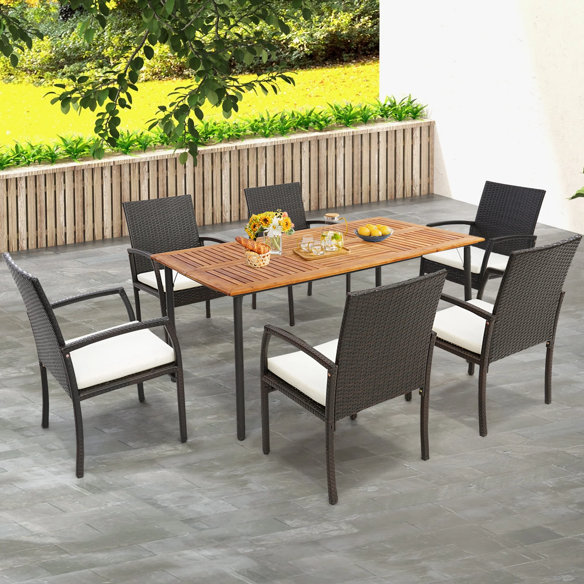 Costway Patio Rectangular Acacia Wood Dining Table with 1.9''Umbrella Hole Indoor&Outdoor
