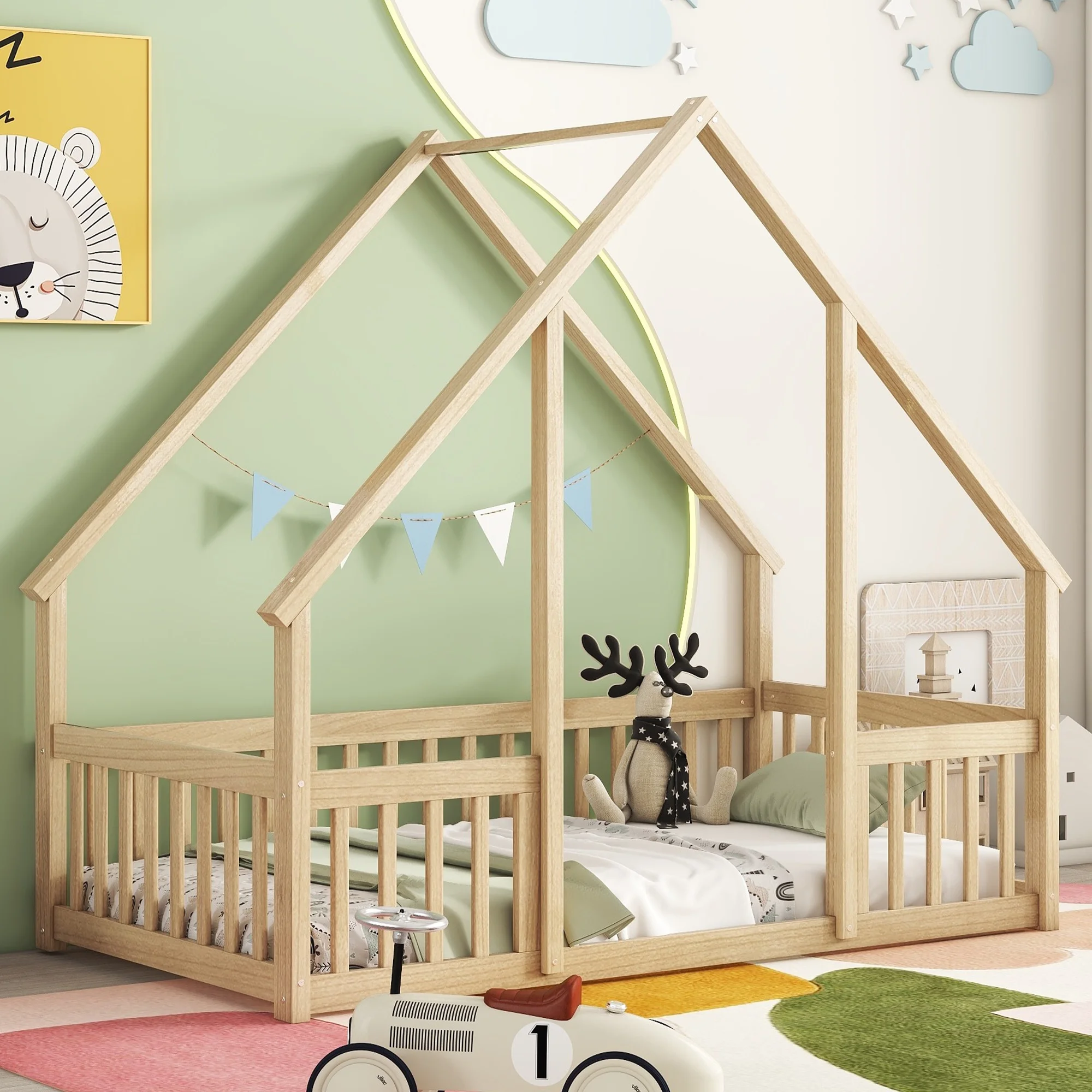 Bellemave Twin Size Floor Bed Frame, Wooden House Bed Twin Size with Fence, Montessori Bed with Guardrails for Bedroom (White) - Image 39