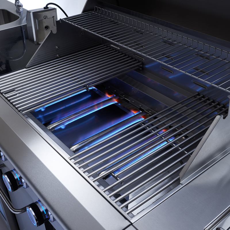Premium Korean Style Silver Outdoor Kitchen Gas BBQ Grill Stainless Steel 5+1 Burner Electronic Ignition Non-Stick Surface