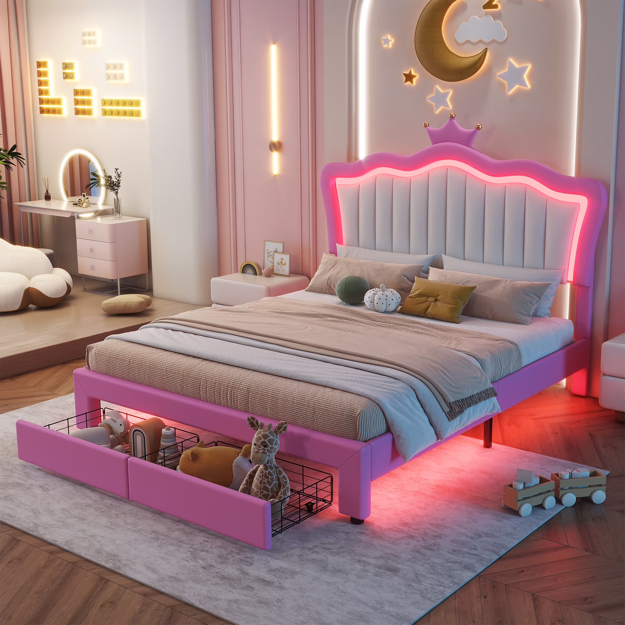 Miniyam Upholstered Twin Size Bed with LED Lights, Crown Headboard for Kids, Pink - Image 3